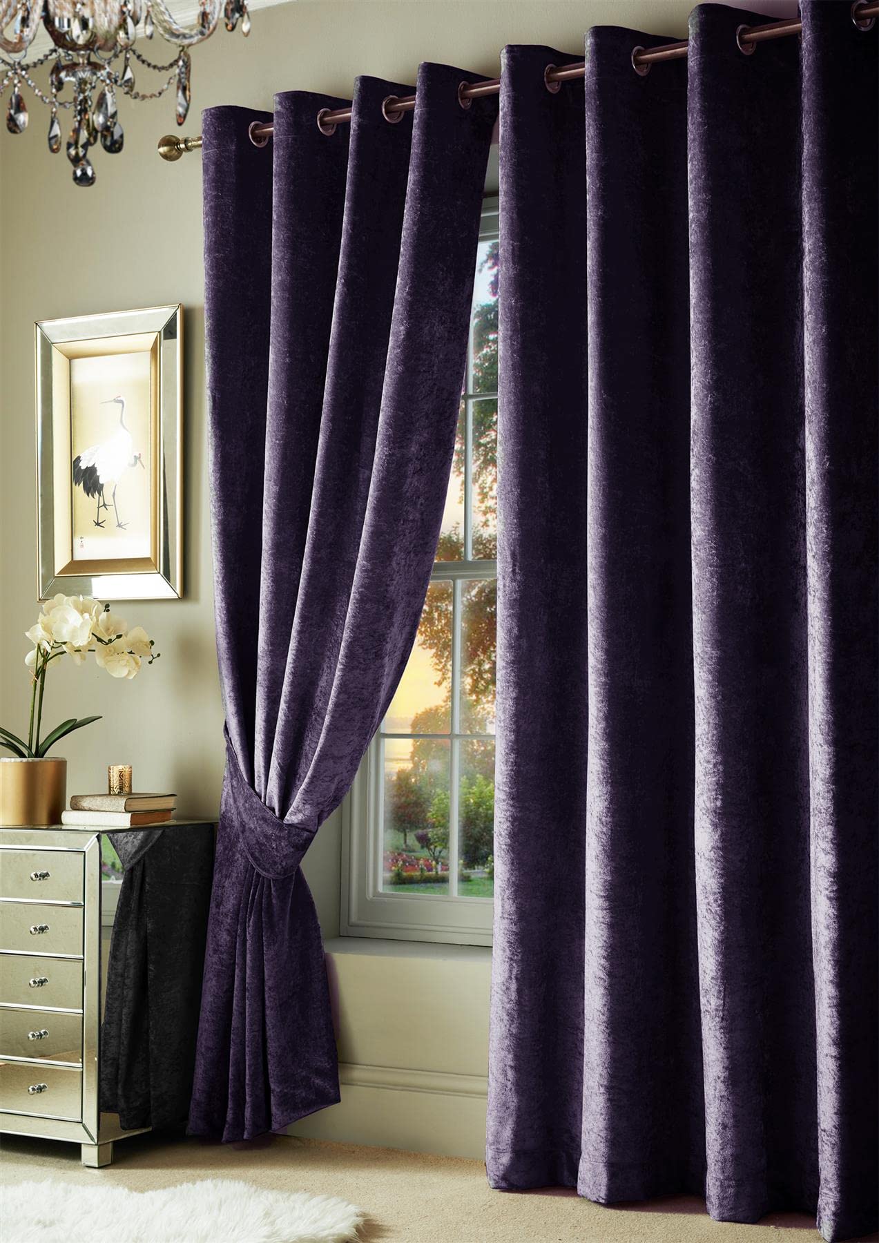 Roseley Crushed Velvet Curtains Eyelet Ring Top Fully Lined For Living Room Kitchen Bedroom 2 Panels Tiebacks Included (Violet Black, 46 x 72'')