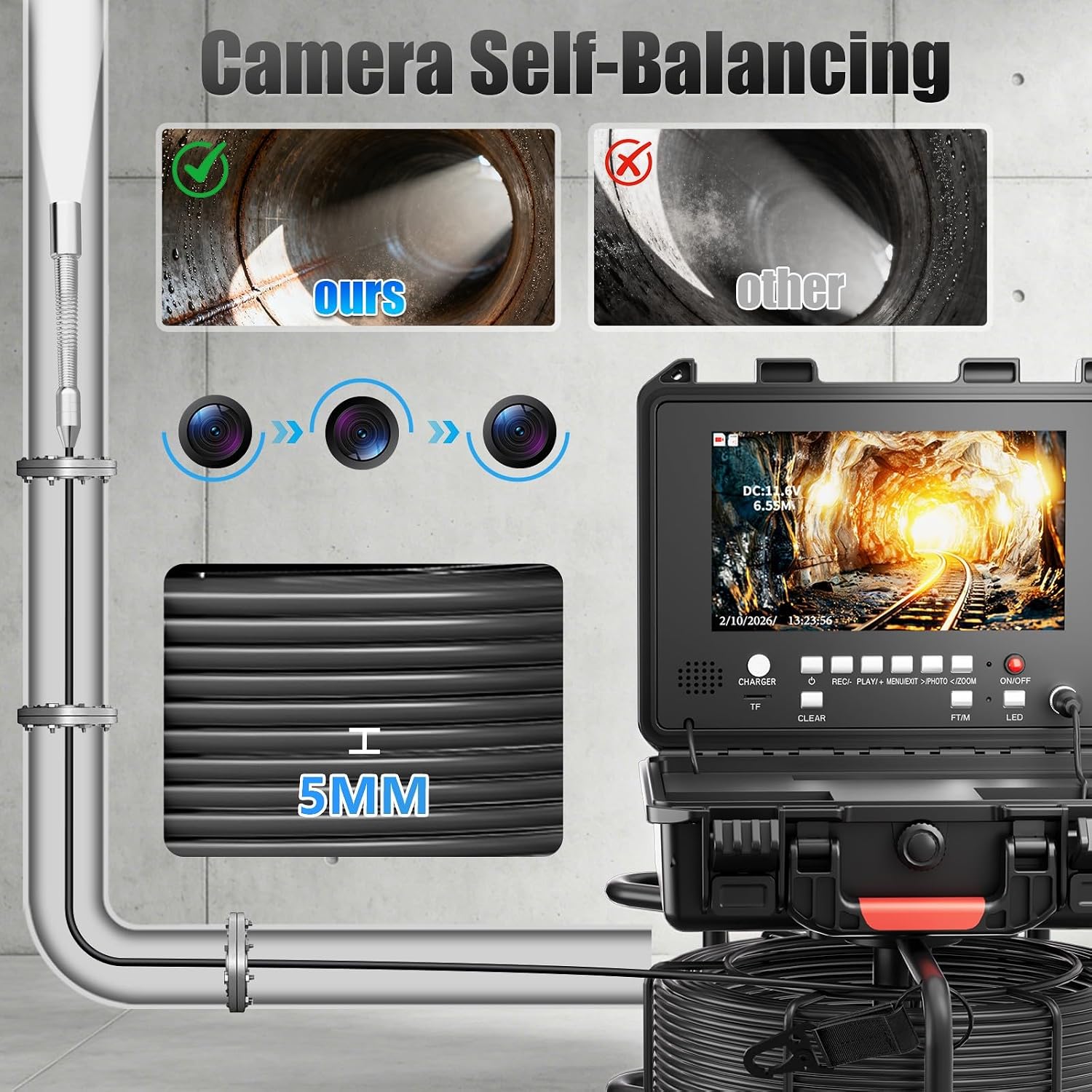 Sewer Camera，512HZ Self-Leveling Drain Inspection Camera with 9" DVR 1080P HD Screen Plumbing Camera Snake with 32GB Card,4500mAh Battery for Home Wall Duct Drain Pipe (512HZ Self-Leveling)