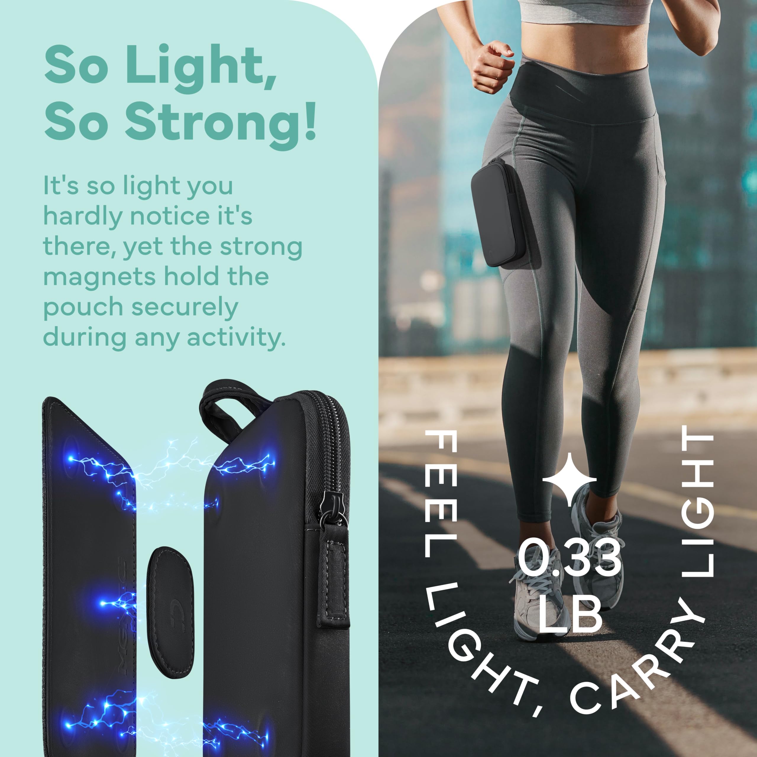 Lauf-Handyhalterung für Männer und Frauen – Patentierte freihändige Oberschenkel-Lauftasche für Handy, Reisen und Fitnessstudio, magnetische Beintasche, Jogging-Tasche, Schwarz , S, Sportlich