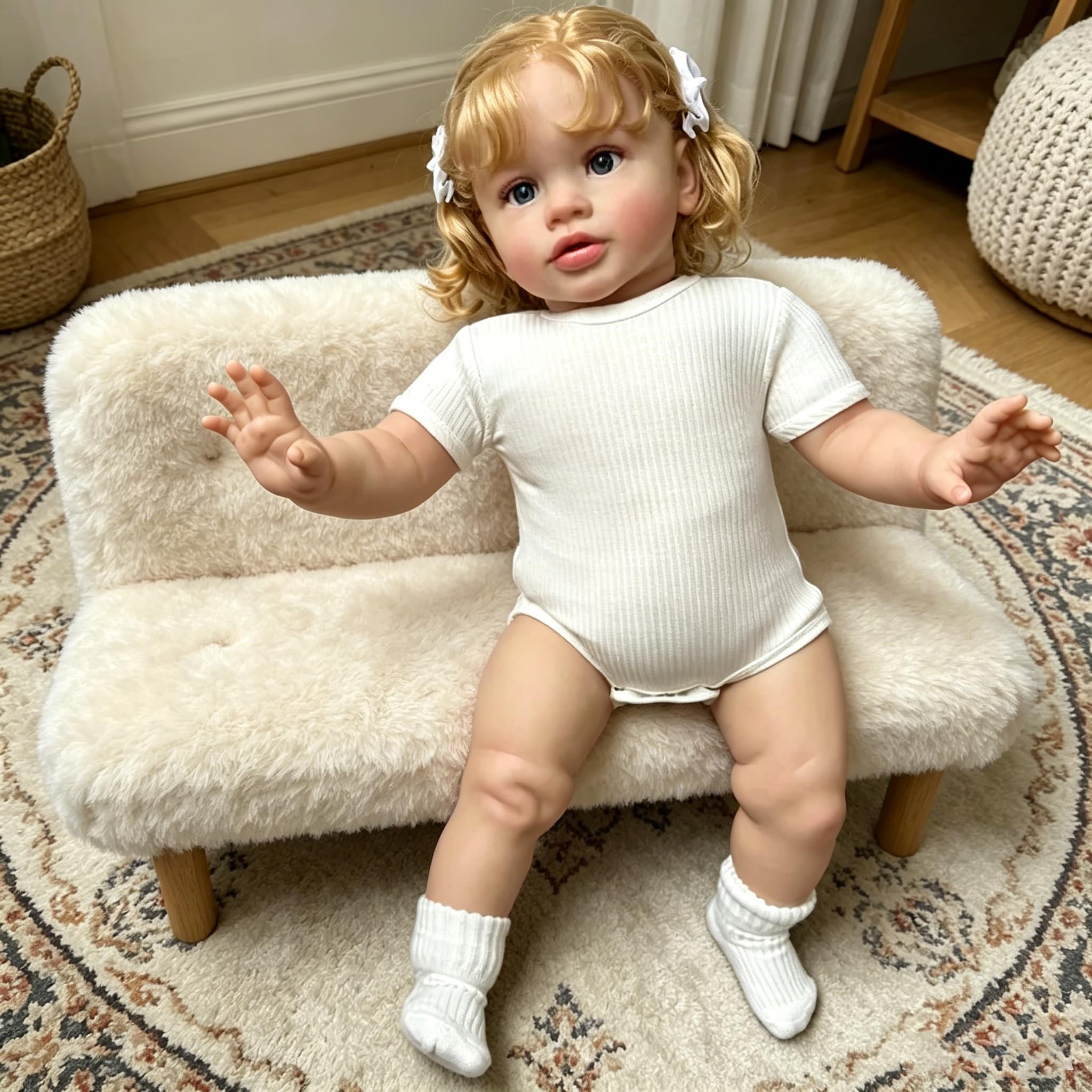 66CM Große Größe Silikon Reborn-Kleinkindpuppen Mädchen Stoffkörper Pippa lebensecht Neugeborenen-Puppe 26 Zoll,Realistische Vinyl Reborn-Babypuppen mit Blondes Haar Spielzeugset