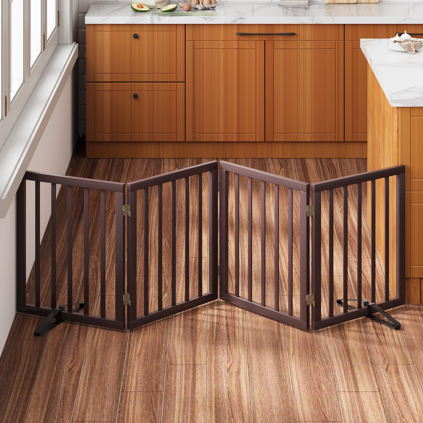 Freestanding Pet Gate Foldable Dog Gate,Walnut Bamboo Dog Gates for Stairs Doorways House Indoor (2 Support Feet Included) — view 22