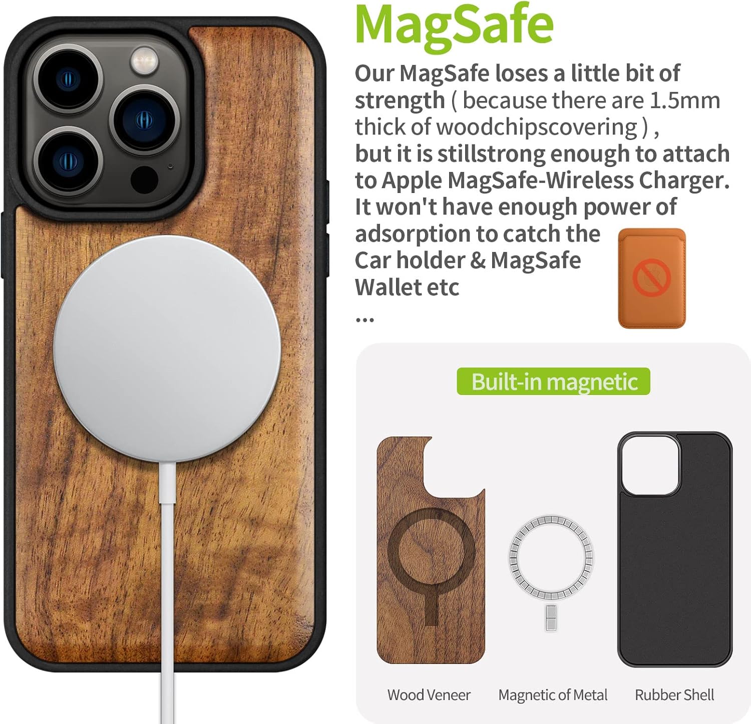 Carveit Magnetic Wood Case for iPhone 14 Pro - Natural Wood & Black Soft TPU - Shockproof Protective Cover - Unique & Classy - Compatible with MagSafe (Walnut) - Image 5
