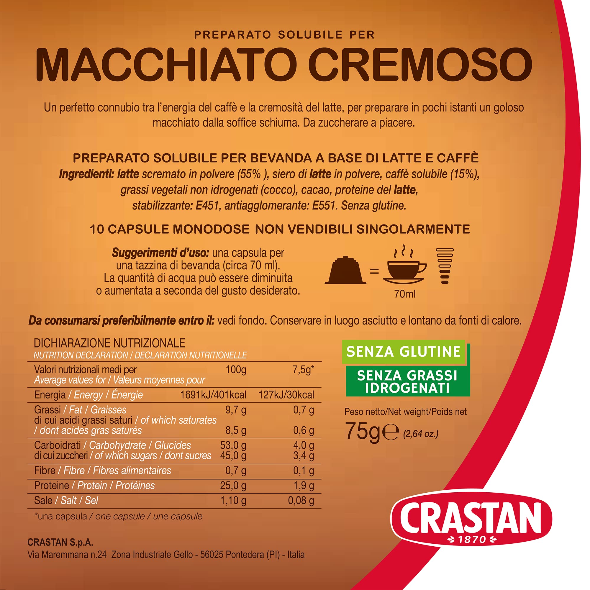 CRASTAN 1870, 80 Cápsulas, 8 cajas de 10 cápsulas de bebida con sabor moteado y cremoso, cápsulas compatibles con Dolce Gusto de azúcar a placer, espuma perfecta, 100% Made in Italy