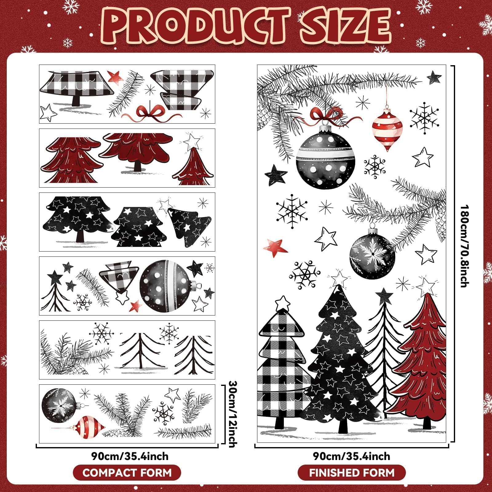 Frohe Weihnachten Türaufkleber Rot und Schwarz Büffel Plaid Weihnachtsbaum Schneeflocken Türaufkleber DIY Weihnachtsbaum Türaufkleber Wandbild Abziehbilder für Weihnachten Winter Home Tür Wand