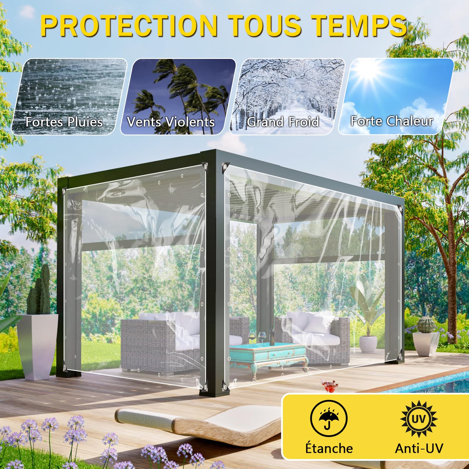 Bâche de Protection Exterieur, 420 g/m² 3 x 4 m Imperméable Bâche Transparente avec Œillets, Bâches Résistante aux Intempéries avec Corde et Serrecâbles, pour Meubles de Jardin, Ferme, Voiture, Bassin