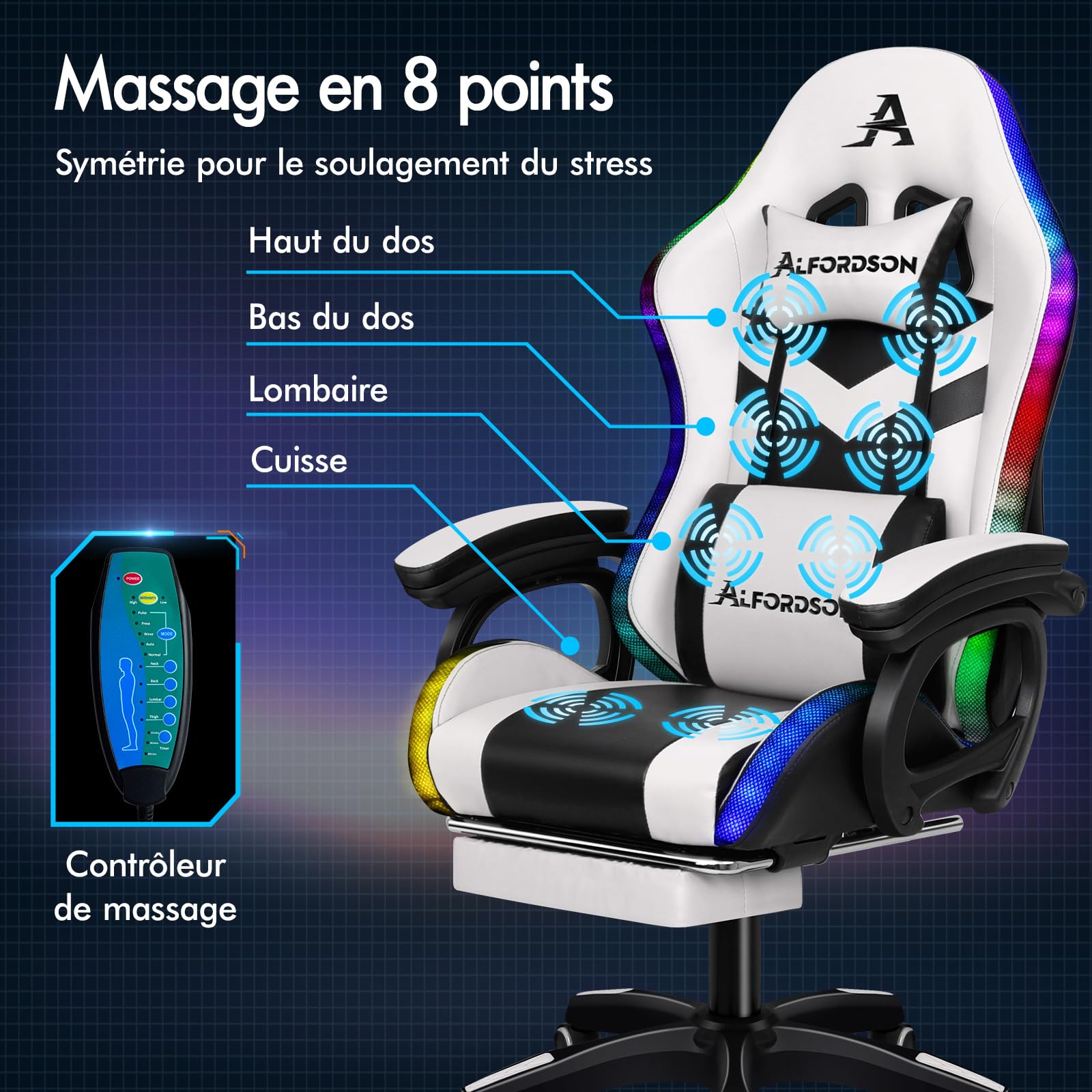 ALFORDSON Chaise de jeu LED Racing avec éclairage RVB 12 couleurs, chaise de massage avec support lombaire et repose-pieds, en polyuréthane, blanc
