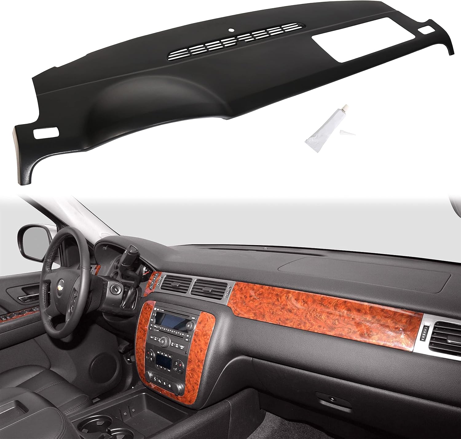 Kojem Dash Board Cover Cap Compatible with 2007-2014 Chevy Tahoe Suburban Silverado Avalanche GMC Yukon Sierra 1500 2500 HD 3500 HD Molded Dash Panel Overlay Without Dash Speaker Black Plastic
