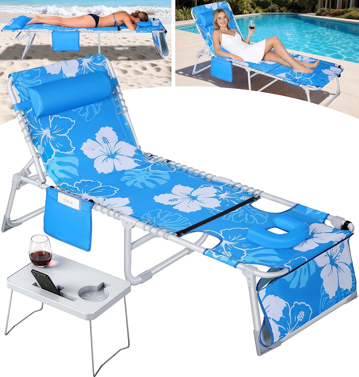KingSom Sun Tanning Chair with Face Hole,Beach Lounge Chair with Folding Side Table,6-Position Recliner Chaise Lounge Chair,Pool Lounge Chair Outdoor Lay Flat with Pillow & Pocket,Max 350lbs-White