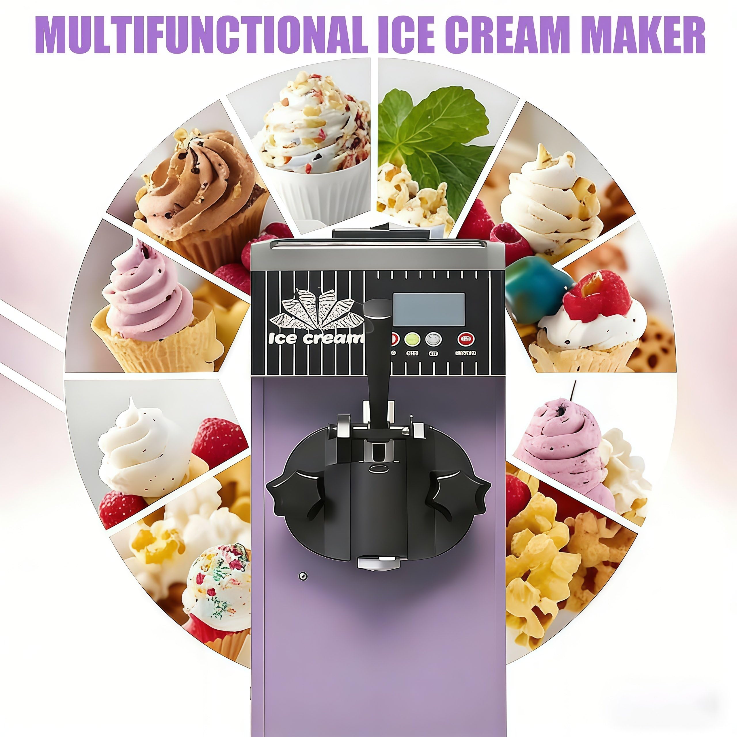 MáQuina Helado,Profesional Heladera Soft Serve,MáQuina de Helado de Un Solo Sabor, Rendimiento de 7,5 L/H, Preenfriamiento,Autolimpieza,Panel LCD para El Hogar Y Negocios. Purple