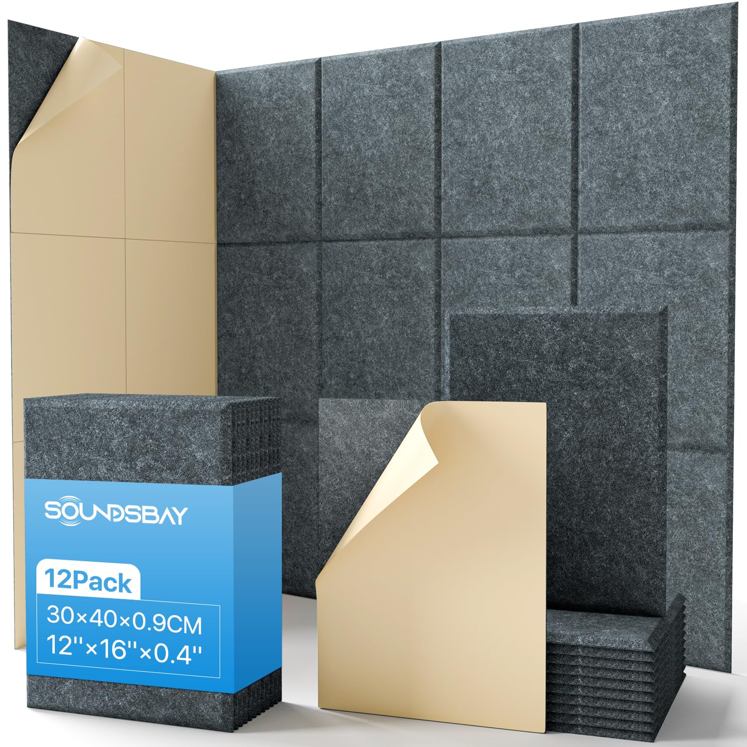 Soundsbay Akoestische platen, zelfklevend, 12 stuks, geluidsabsorber, geluidsisolatie, geluidsbescherming, muur, hoge dichtheid, geluidsisolatieplaten voor akoestische behandeling en wanddecoratie, 30