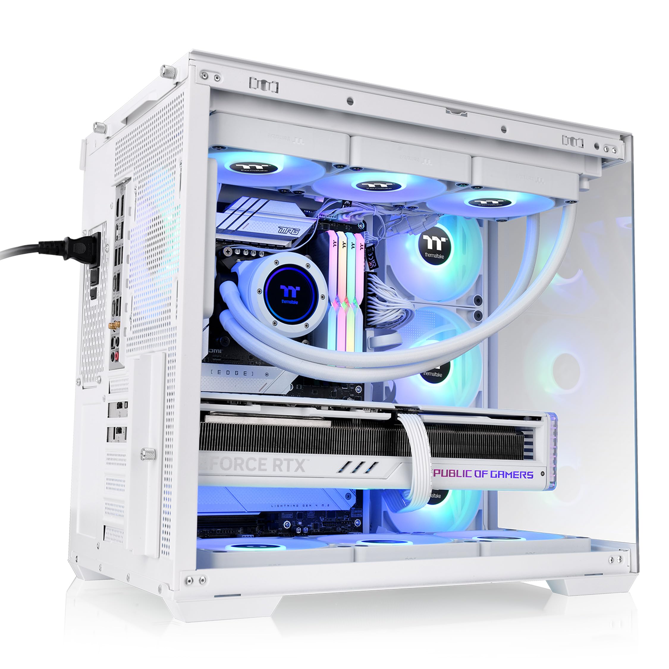 Thermaltake View 380 WS ARGB; chasis de Torre Media; moldura Lateral de Madera; Ventiladores ARGB Lite de 4 x 120 mm incluidos; Espacio de GPU de 415 mm; cámara Dual; ATX/mATX/mITX; Soporte de