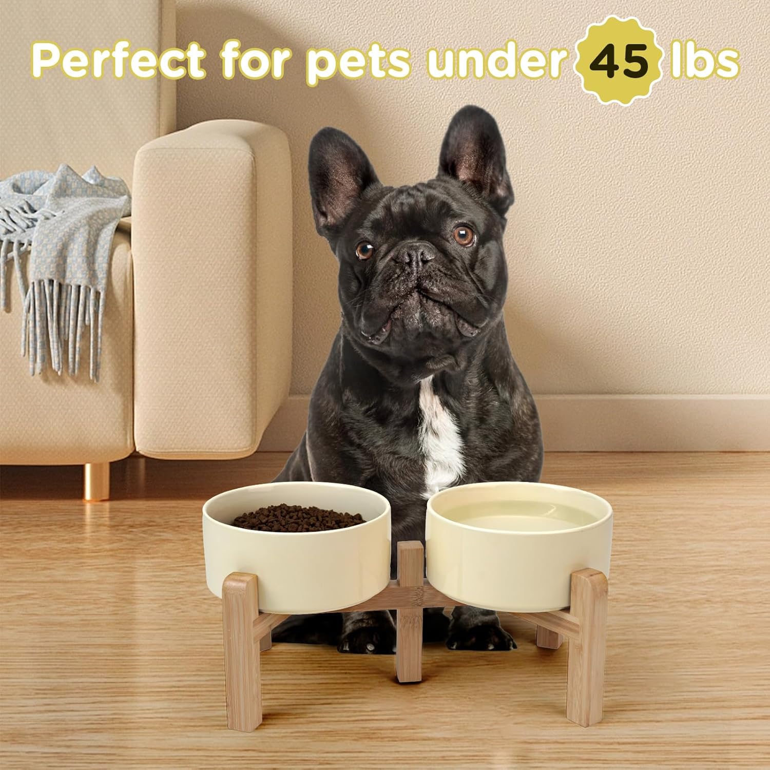 SPUNKYJUNKY Elevated Dog Bowls Ceramic, 6.1'' Dogs and Cat Food Water Bowls Raised with Non-Slip Bamboo Stand for Medium Sized Breed Microwave Dishwasher Safe - 28.7 OZ,Beige - Image 7