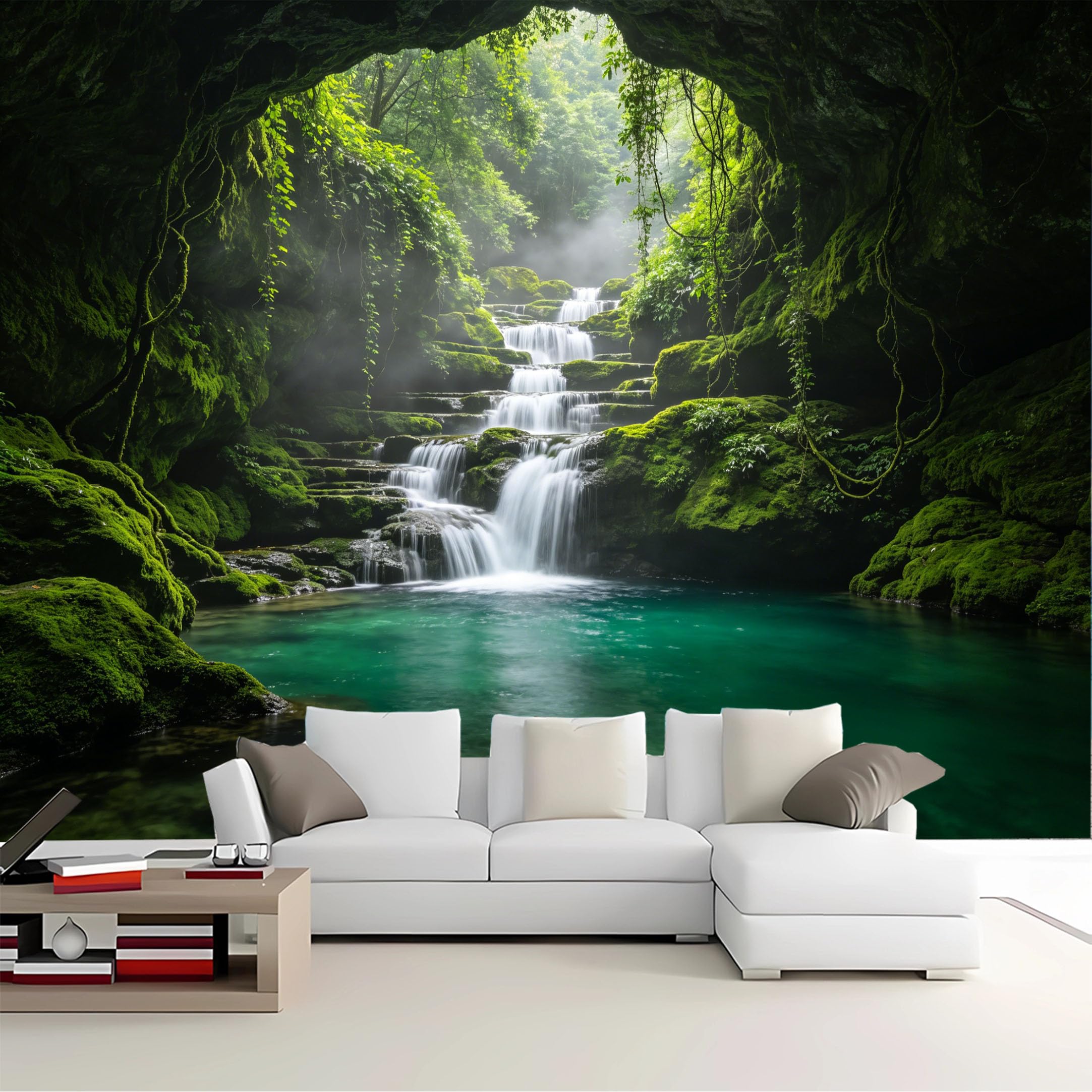 Custom Size Wall Mural Cave View Mossy Waterfall Forest Removable Self Adhesive Peel and Stick Wallpaper for Bedroom Living Room Dining Room