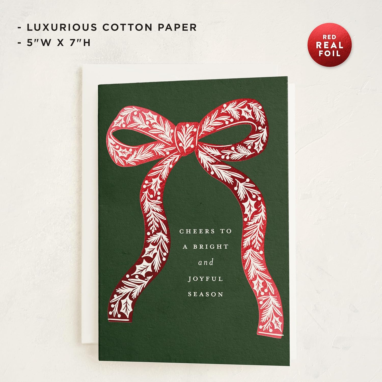Minted Botanical Bow Holiday Cards, 8 Cards with Envelopes, Folded 5x7 Christmas Card with Red and White Illustrated Ribbon Design, Gold Foil-Pressed, Luxurious Paper, Interior Message Included