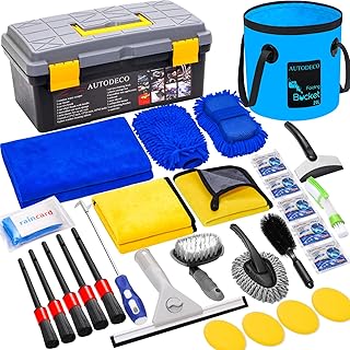 AUTODECO 30Pcs Car Wash Cleaning Kit - Car Care Wash Tools Set Car Detailing Set with Collapsible Bucket Snow Shovel