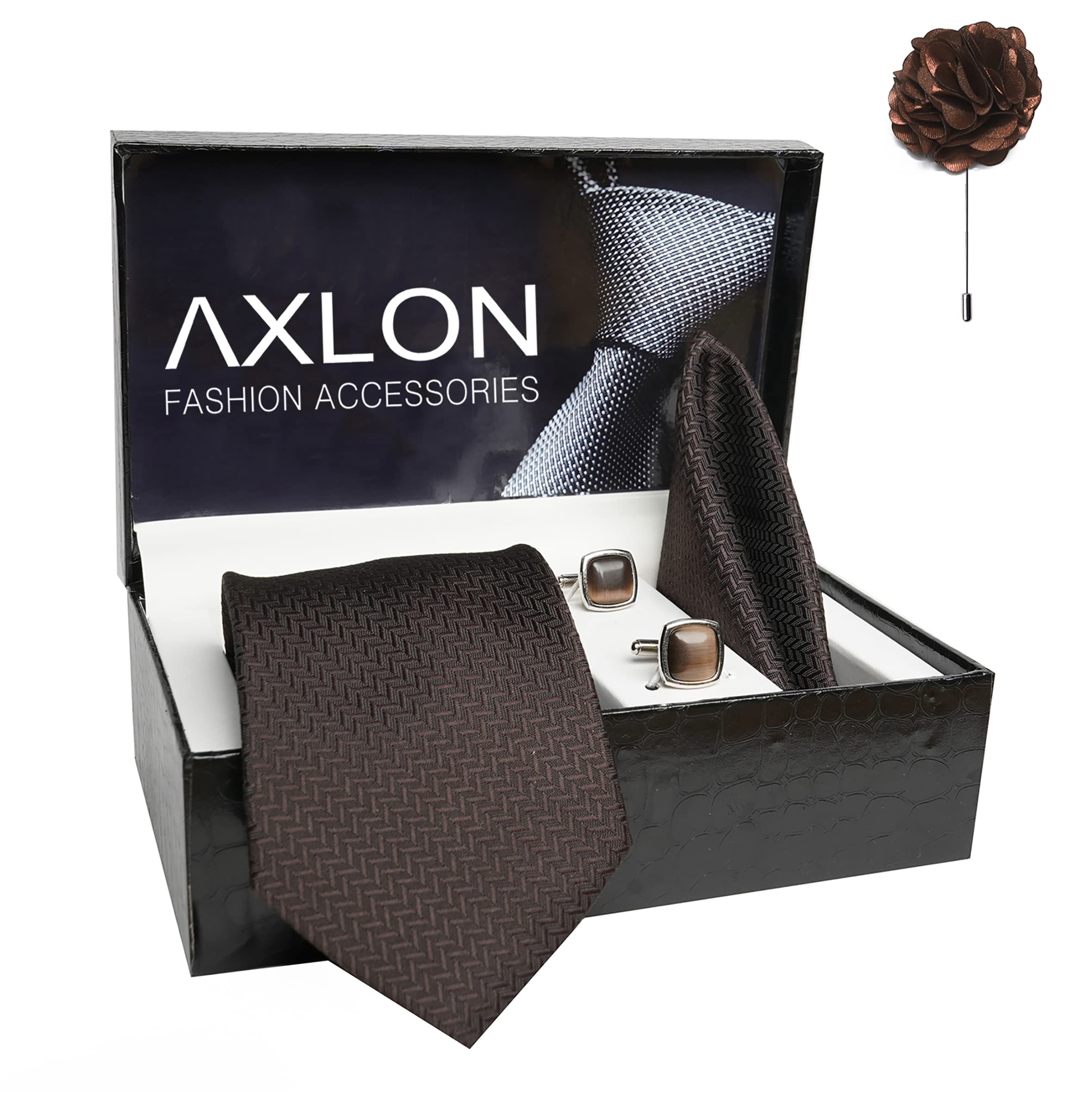 Axlon Tie for Men – Self Silk Neck Ties Set with Cufflinks Flower Pin, Pocket Square & Black Gift Box, Combo Necktie Sets for Office Wear, Formal Suits & Weddings (Brown, AXSIDIBNRX) - Image 2 thumbnail
