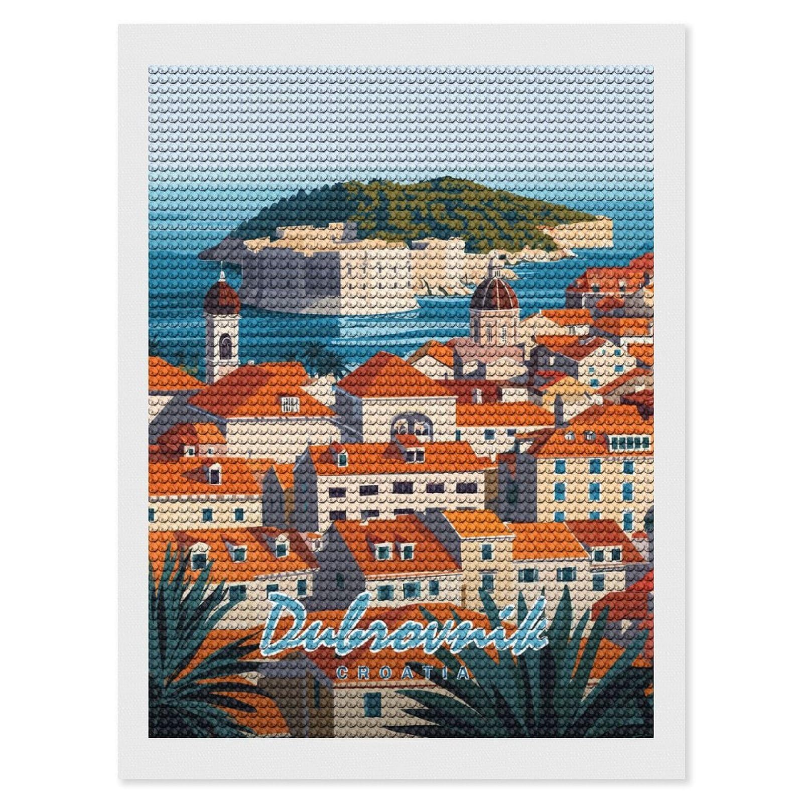 Junmoney Dubrovnik Cityscape Diamond Painting Canvas Set 12"x16", for Women, Mindful Craft Activity, Cosy Home Accent, Festive Craft Gift