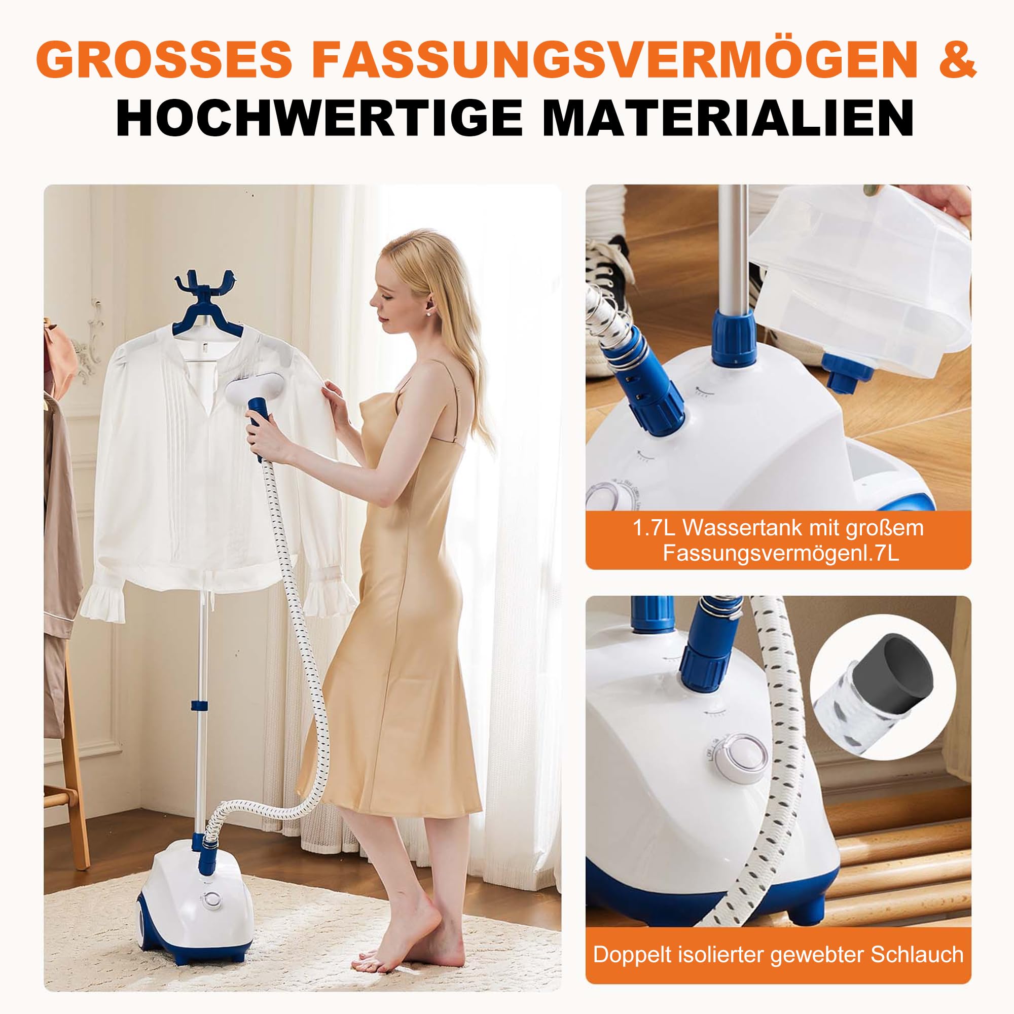 Vertikaler Dampfglätter 1500W Leistung, 1.7L Tank für 55 Min. Dauerdampf, heizt in 45 Sekunden auf, Rollende Räder für Mobilität, Effiziente Faltenentfernung für Kleidung, Professionelle Stoffpflege.