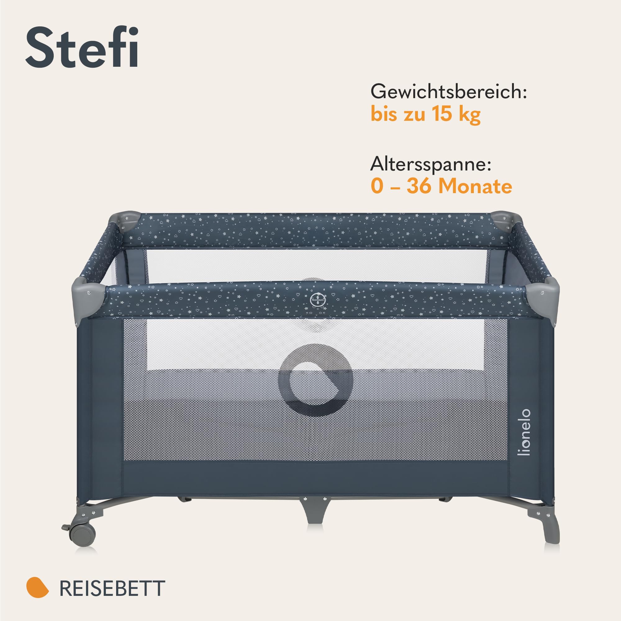 Lionelo Stefi Baby Kinderbett, Reisebett ab Geburt bis 15 kg, Seiteneingang, Sicherungssystem LockGuard, Blockade der Räder, Tragetasche, zusammenklappbar