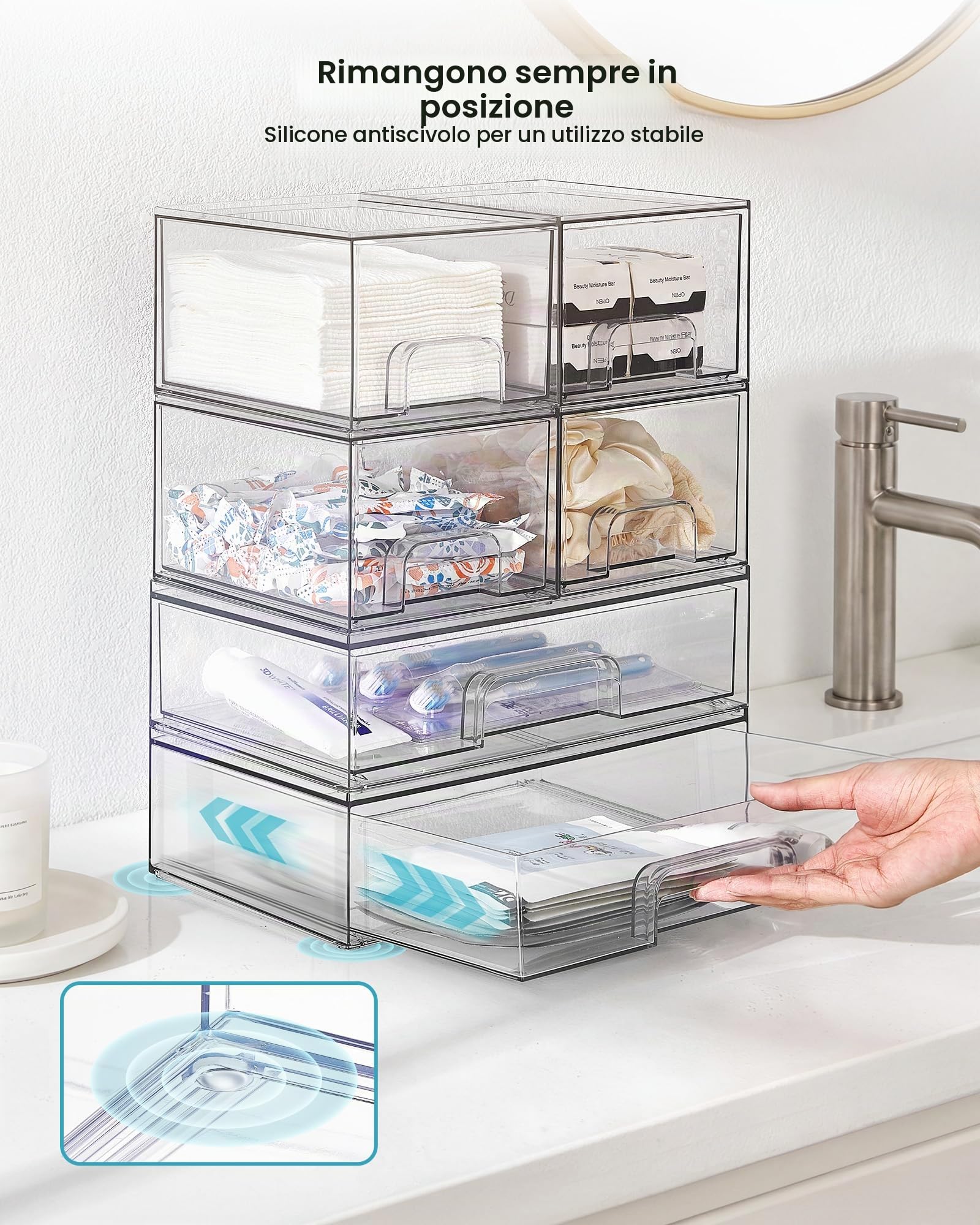 Vtopmart Set di 5 cassetti impilabili trasparenti in plastica per trucchi, cosmetici, articoli di bellezza, ideali per vanità, bagno, armadio, dispensa