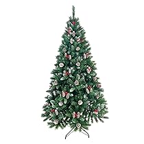 Albero di Natale 210 cm con Pigne e Bacche, Folto e Realistico, Verde con Punte Innevate, Alta Qualità, Rami a Gancio, Apertura Ombrello, Ignifugo, Base in Metallo (Verde con Bacche e Pigne)
