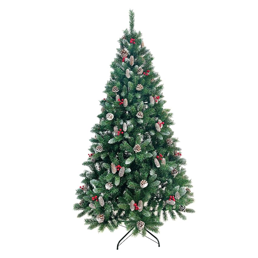 Albero di Natale 210 cm con Pigne e Bacche, Folto e Realistico, Verde con Punte Innevate, Alta Qualità, Rami a Gancio, Apertura Ombrello, Ignifugo, Base in Metallo (Verde con Bacche e Pigne)