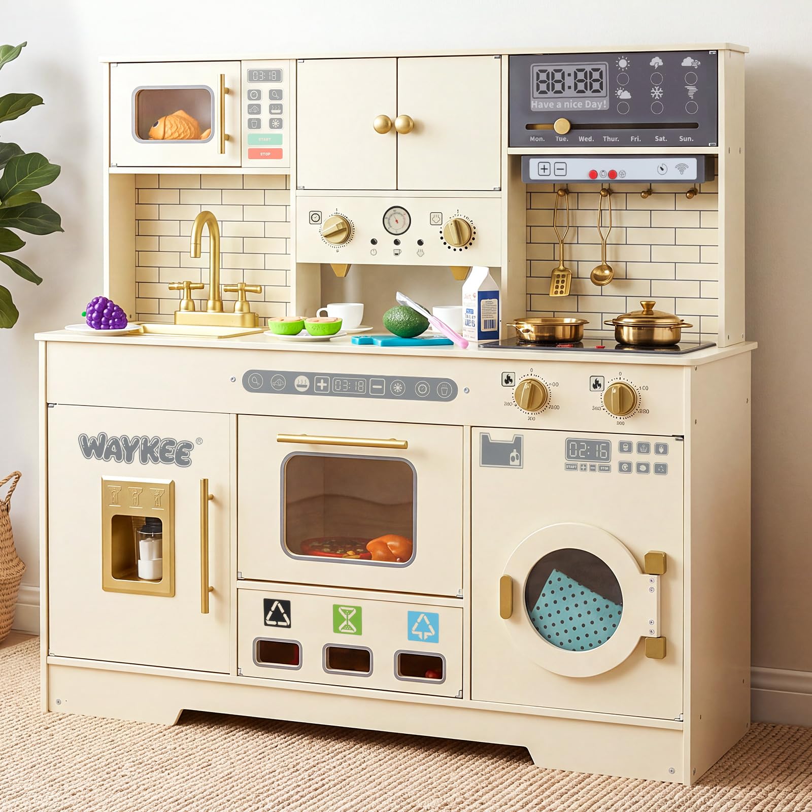 Wooden Play Kitchen for Kids Ages 3+ with 39 Pretend Play Accessories