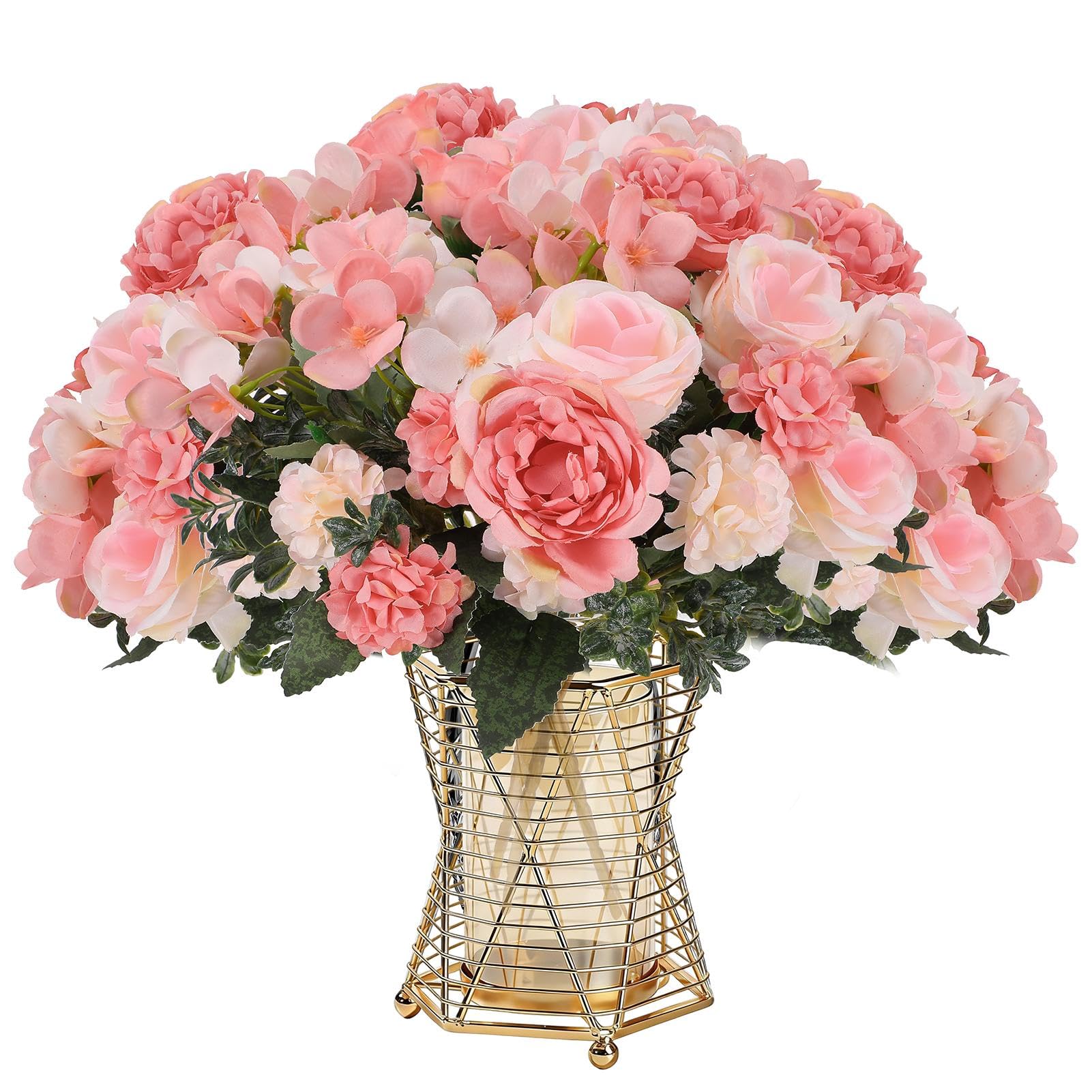 3 Bunches Artificial Roses Peonies Pink Flowers, Fake Faux Flowers Bouquet