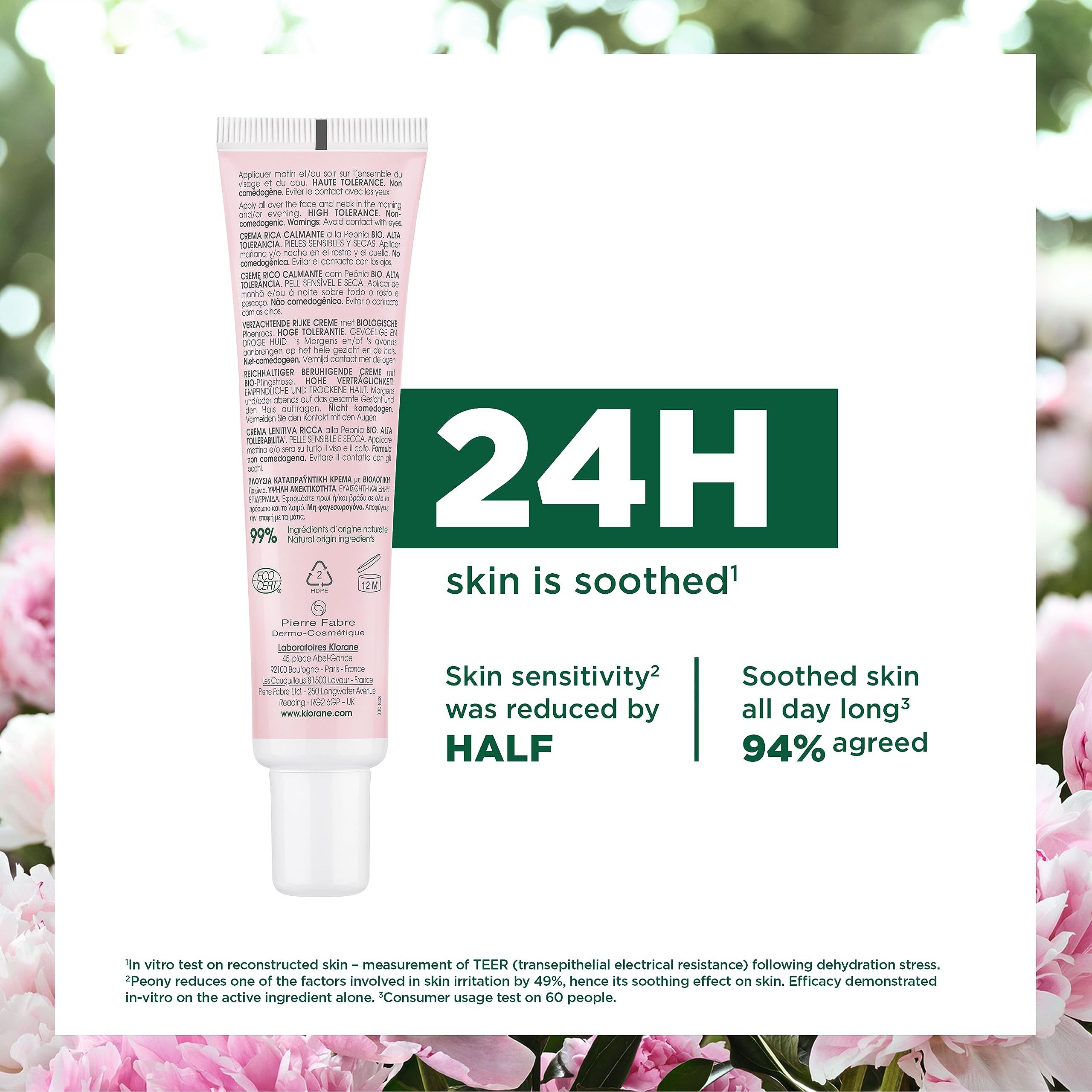 Klorane Soothing moisturising Rich Cream with Organic Peony for Sensitive and Dry Skin 40ml, white, 40 ml (Pack of 1) - Image 2