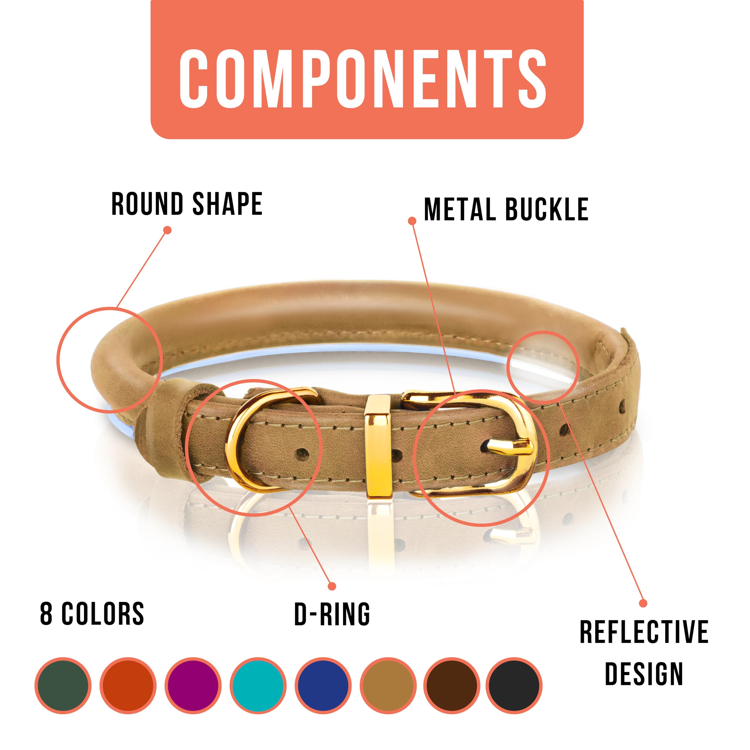 OOPSDOGGY Reflective Rolled Leather Dog Collar for Small Medium Large Dogs Puppy 8 Colors, 7 Sizes (Camel, XL, 17"-21") - Image 3