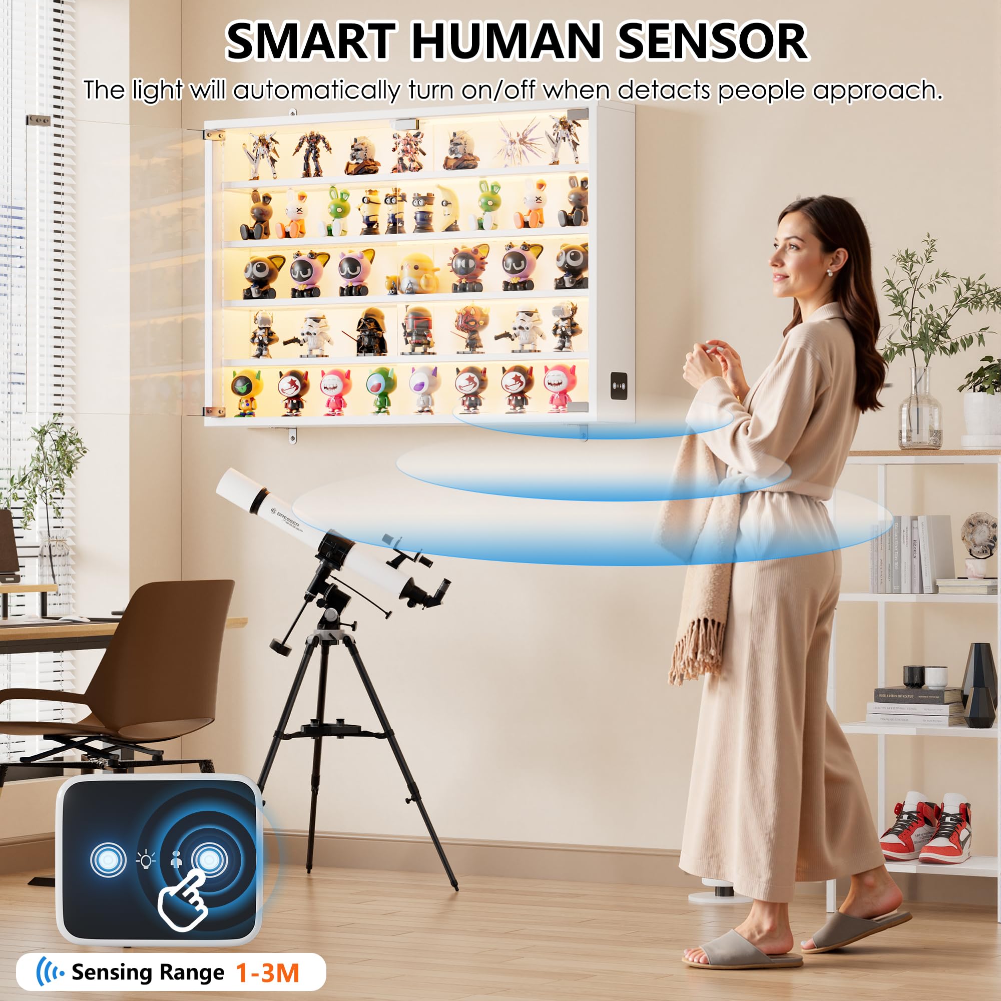 MSFE Glas HängeVitrinenschrank mit LED,Schaukasten Vitrine Klein mit Intelligente Sensorik,Glasvitrine Staubdicht,Sammlervitrine Wand Weiß,für Wohnzimmer,Schlafzimmer,Büro,Jede Schicht trägt 5 kg