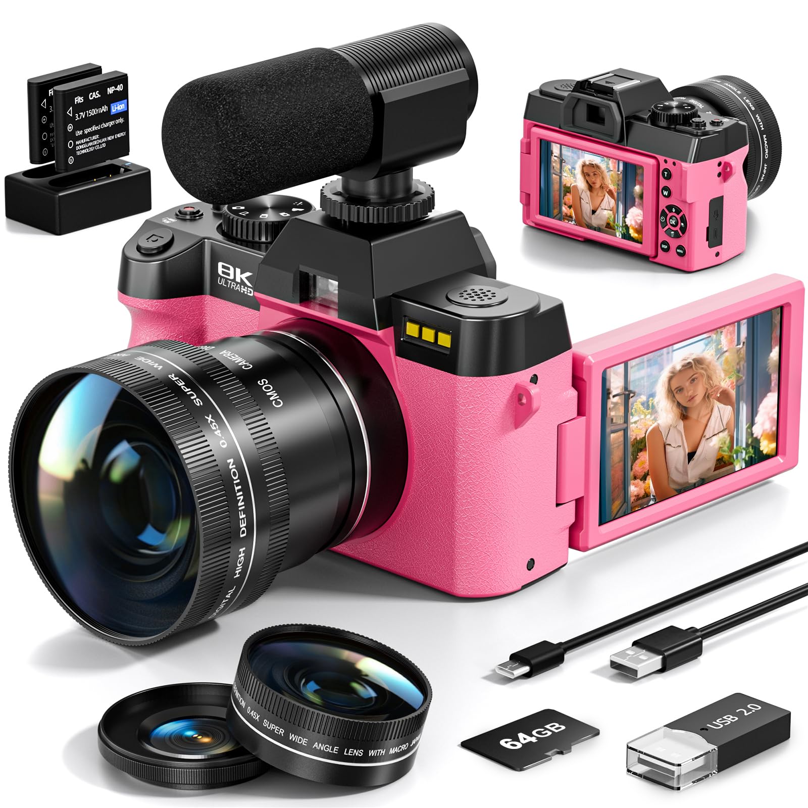 8K Digital Cameras for Photography, 64MP vlogging Camera with 180°Flip Screen，2 Batteries, 64GB TF Card，16X Zoom, WiFi,Microphone, Wide & Macro Lens Kit (Light Pink)