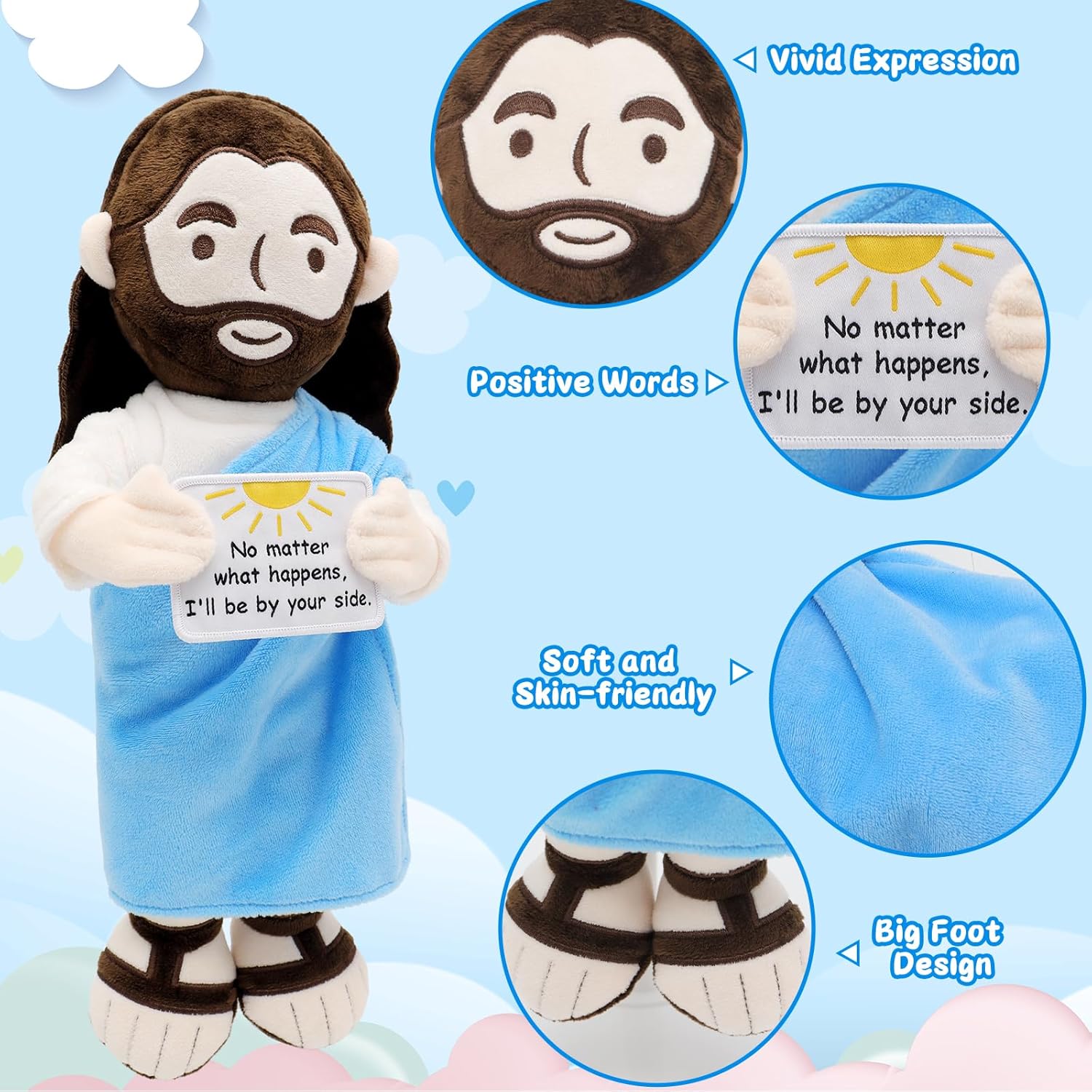 Yelakey Jesus Plush 13.4 inch Stuffed Jesus Doll with Positive Card Religious Easter Gift for Kids, Baptism, Sunday School (Blue)