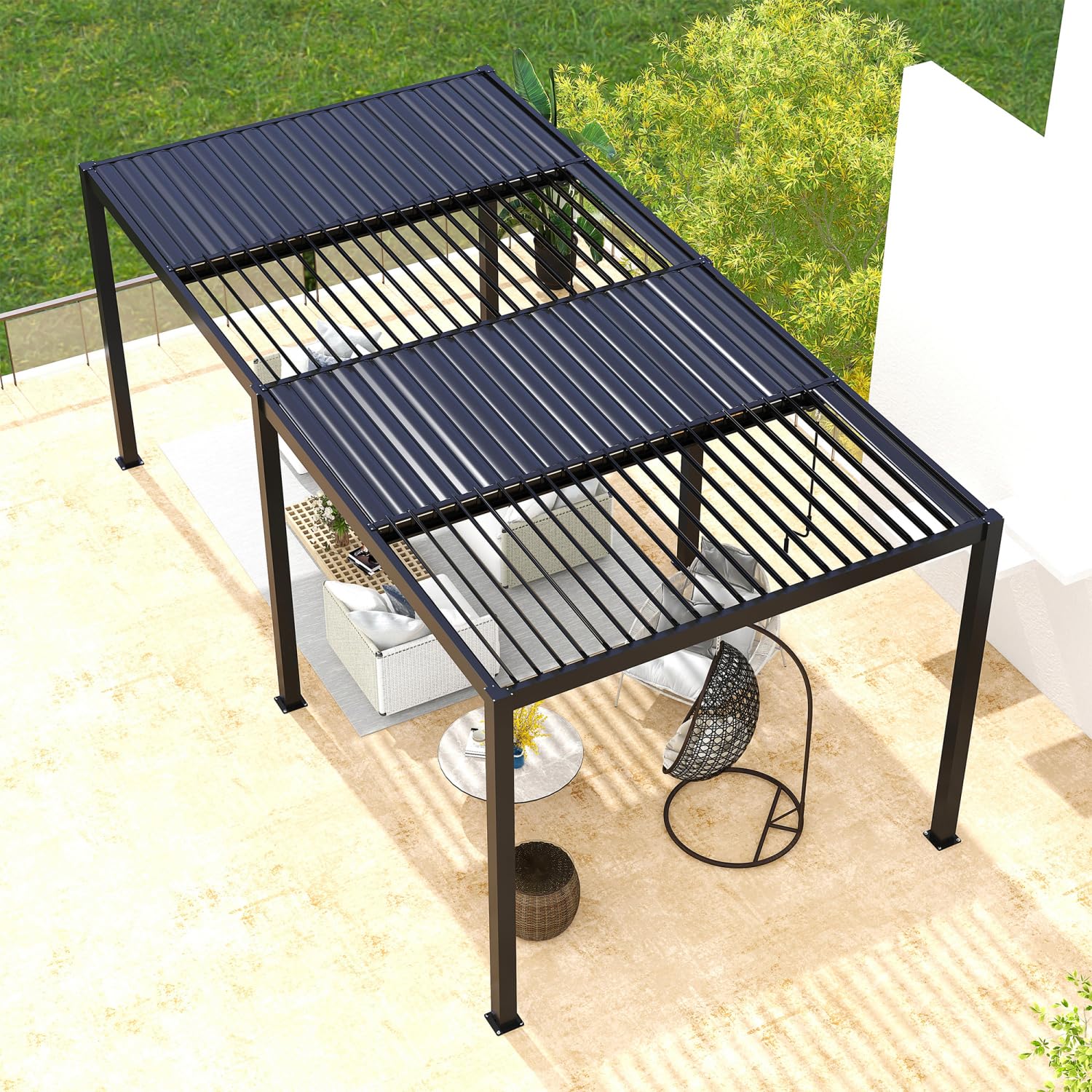 8610J Louver Pergola 10X19Ft Aluminum Frame &amp; Louvers Black Innovative Design: A Louver Roof with Adjustable Angles Lets You Control Outdoor Light and Ventilation. Outdoor Ready