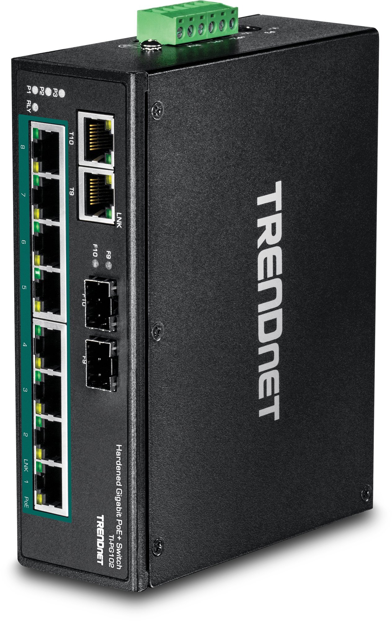 TRENDnet 10-Port Industrial Gigabit PoE+ DIN-Rail Switch, TI-PG102, 8 x Gigabit PoE+ Ports, DIN-Rail Mount, 2 x SFP Slots, 240 W PoE Power Budget, Network Switch, IP30, VLAN, QoS, Renewed
