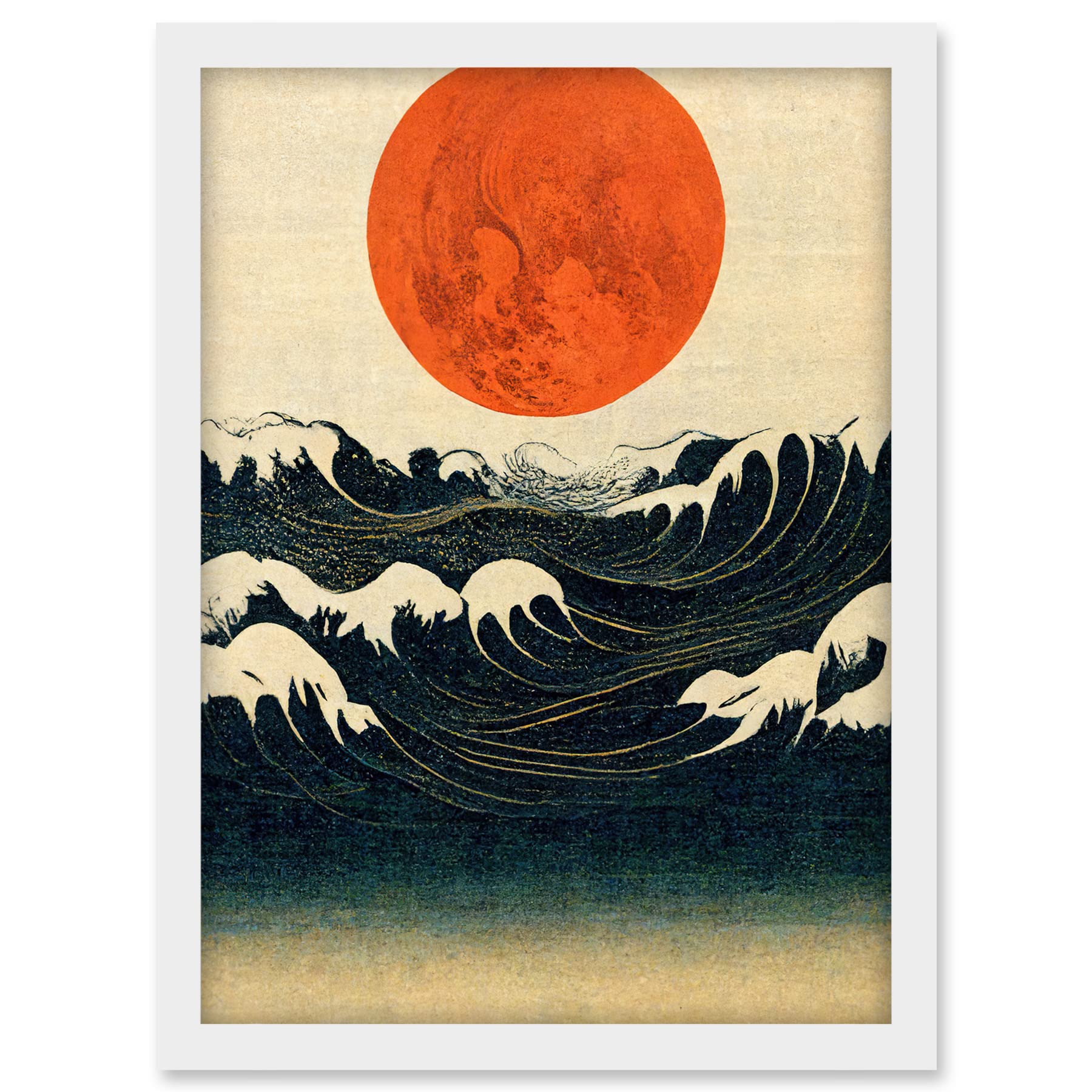Doppelganger33 LTD Minimalist Large Orange Moon Over Ocean Waves Ukiyo-e Style Artwork Framed A3 Wall Art Print