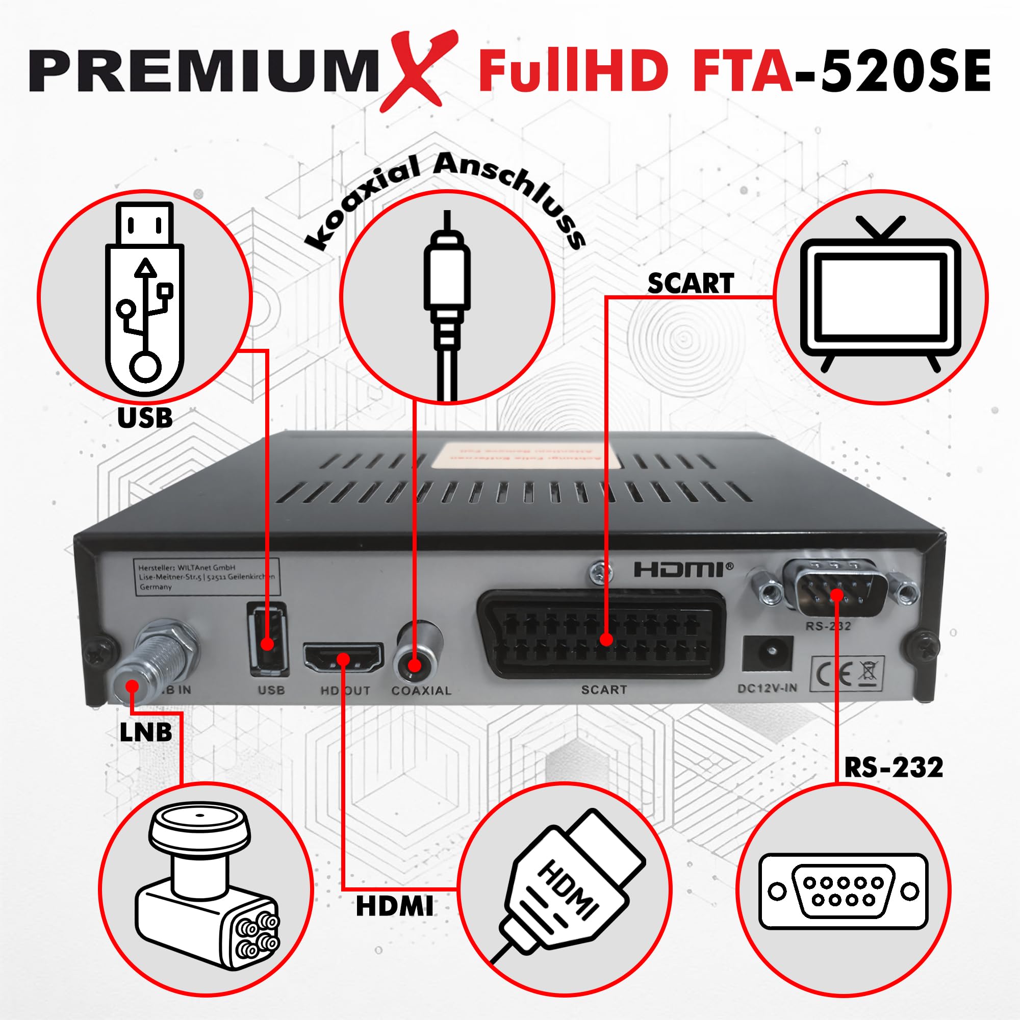 PremiumX odbiornik satelitarny HD 520SE FTA Digital SAT, DVB-S2 FullHD HDMI SCART 2 X USB odtwarzacz multimedialny, Astra Hotbird wstępnie zaprogramowany