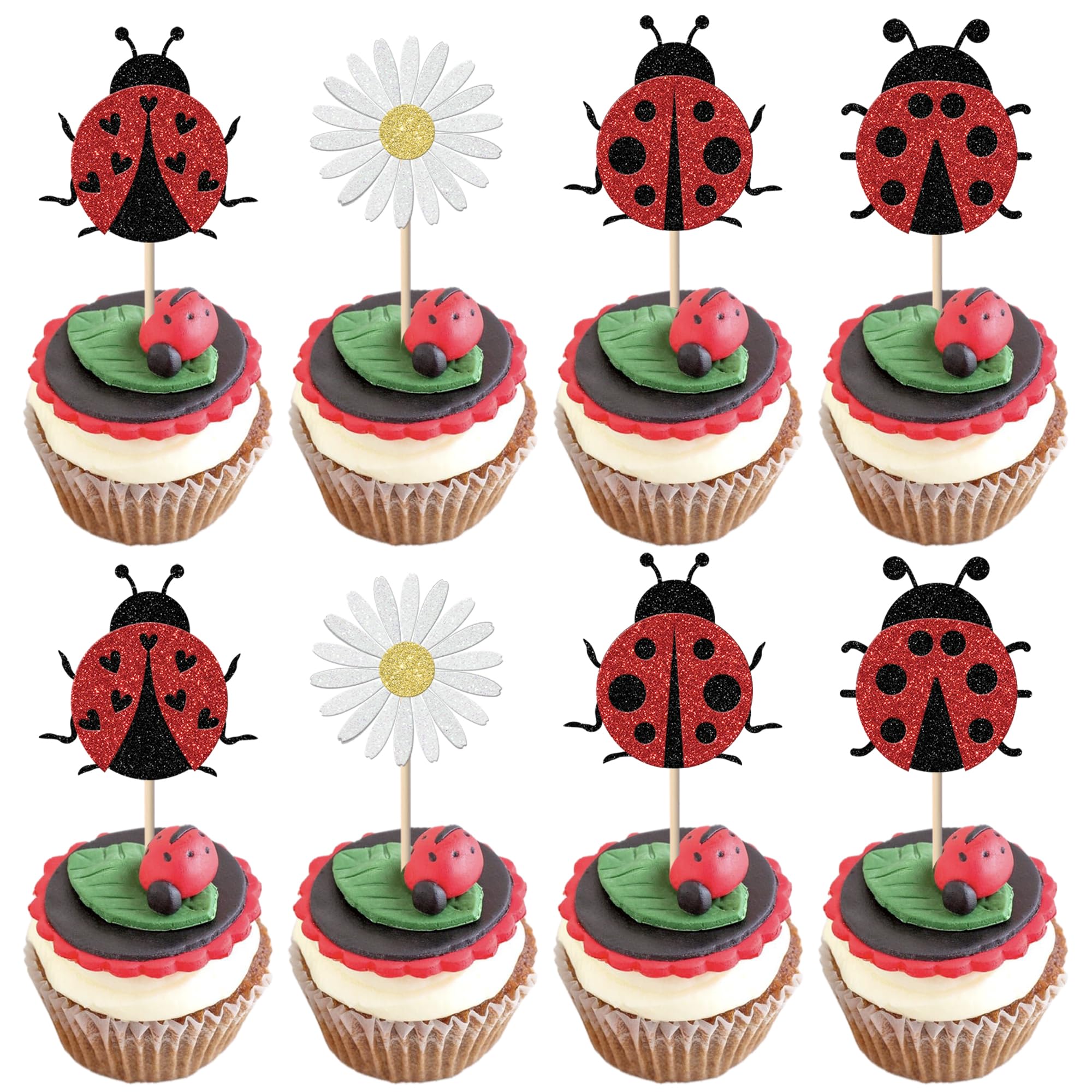 SYKYCTCY 24 Pack Ladybug Cupcake Toppers Glitter Ladybug Birthday Cupcake Picks Flowers Insects Cake Decorations for Garden Theme 1st Birthday Party Supplies