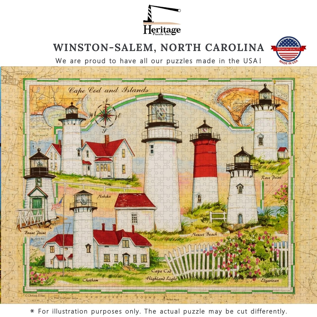 Heritage Puzzle – Leuchttürme von Cape Cod und die Inseln von Donna Elias 550 Teile Puzzles für Erwachsene – Historische nautische Kartenkunst – Rahmenpuzzle 45,7 x 61 cm Fertige Größe