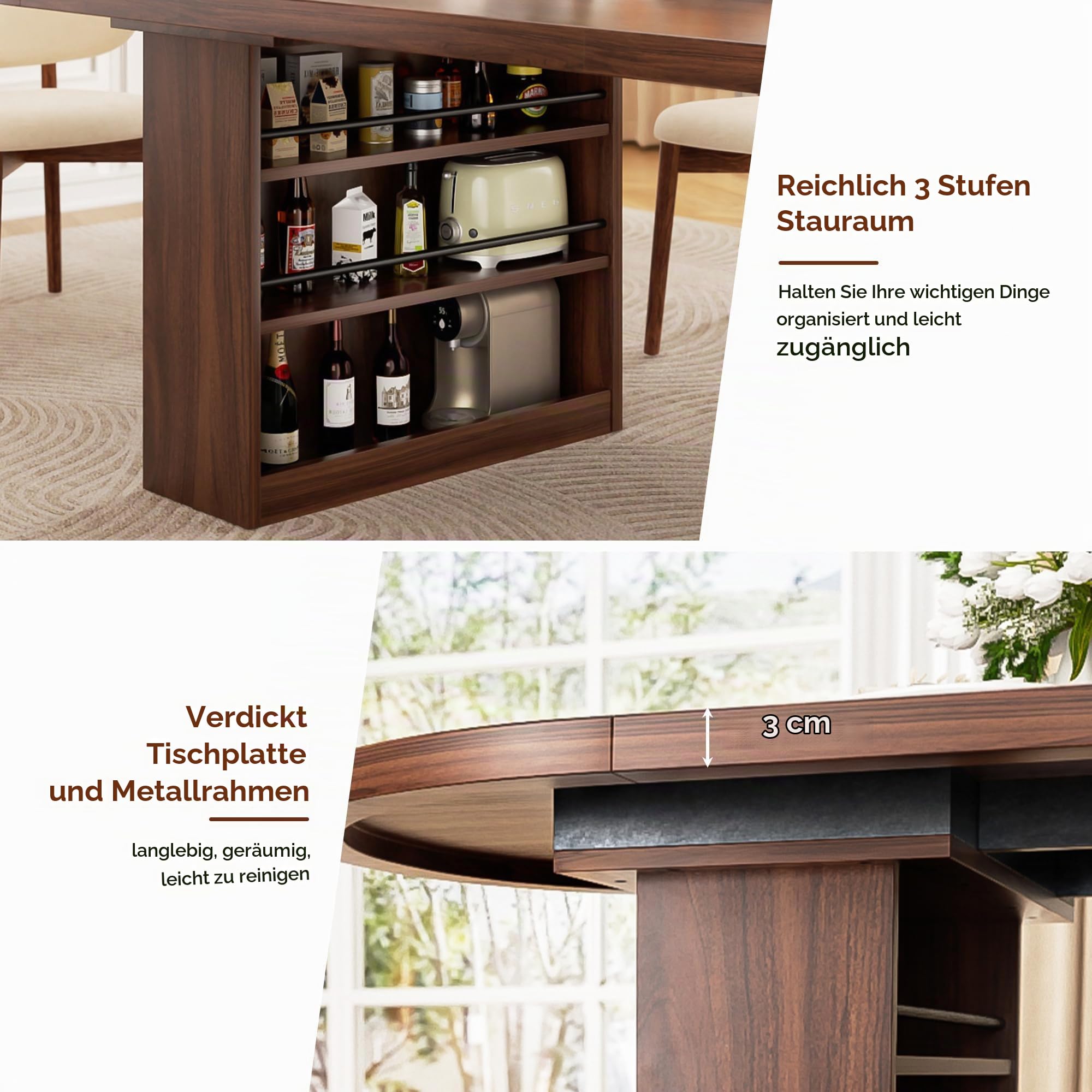 Jocoevol 70.9" Esstisch Oval Ausziehbar für 6-10 Personen, Esszimmer Tisch mit 3-Stufigem Ablagefach, Massiver Küchentisch, Robust bis 180 kg für Küchen und Esszimmer, Walnussholz