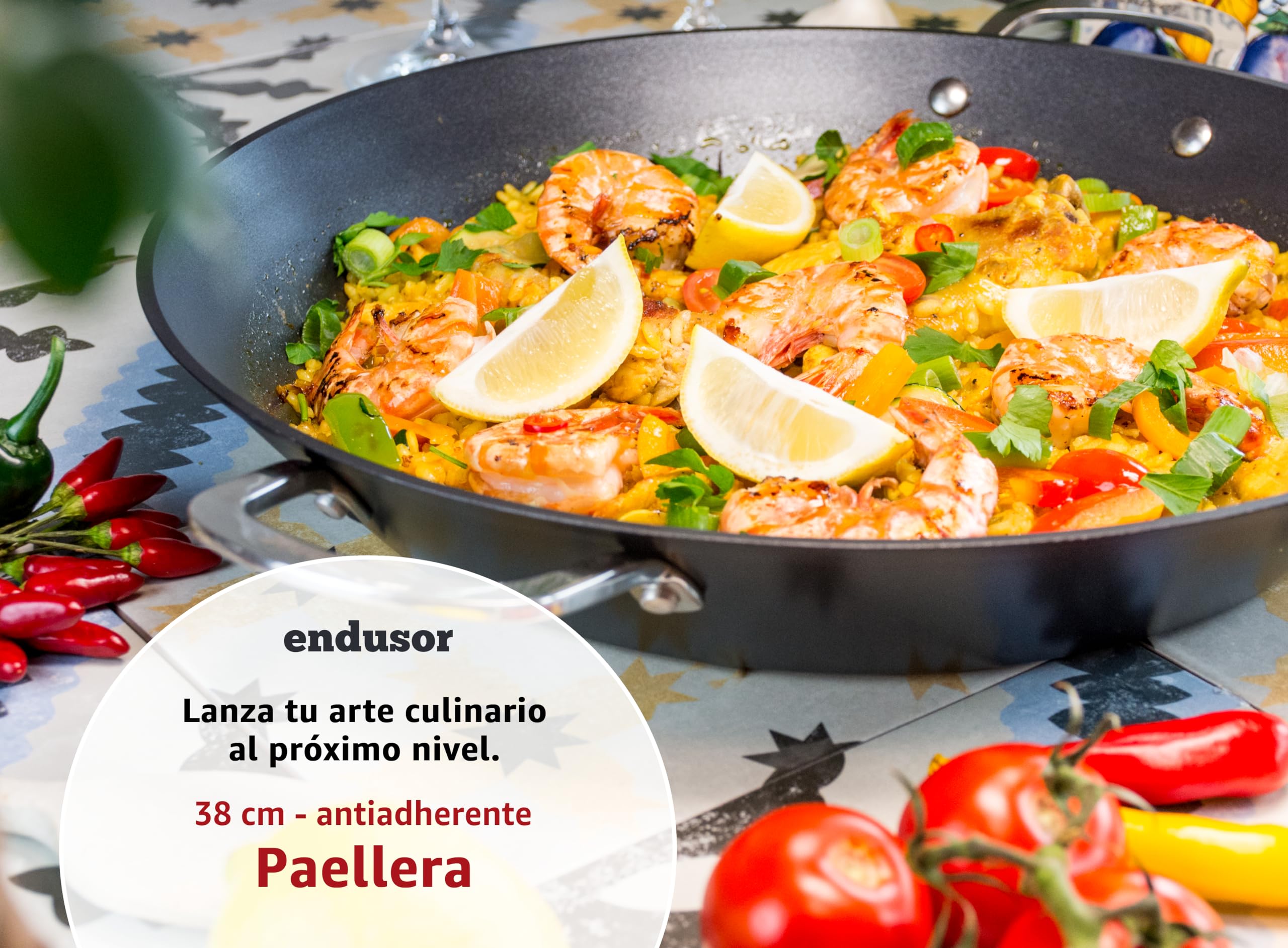 endusor Paellera induccion | 38 cm Ø Paellera de aluminio + protección antiadherente | Todo tipo de cocinas - inducción vitrocerámicas gas eléctrica | Deliciosa paella casera para 6 a 8 personas