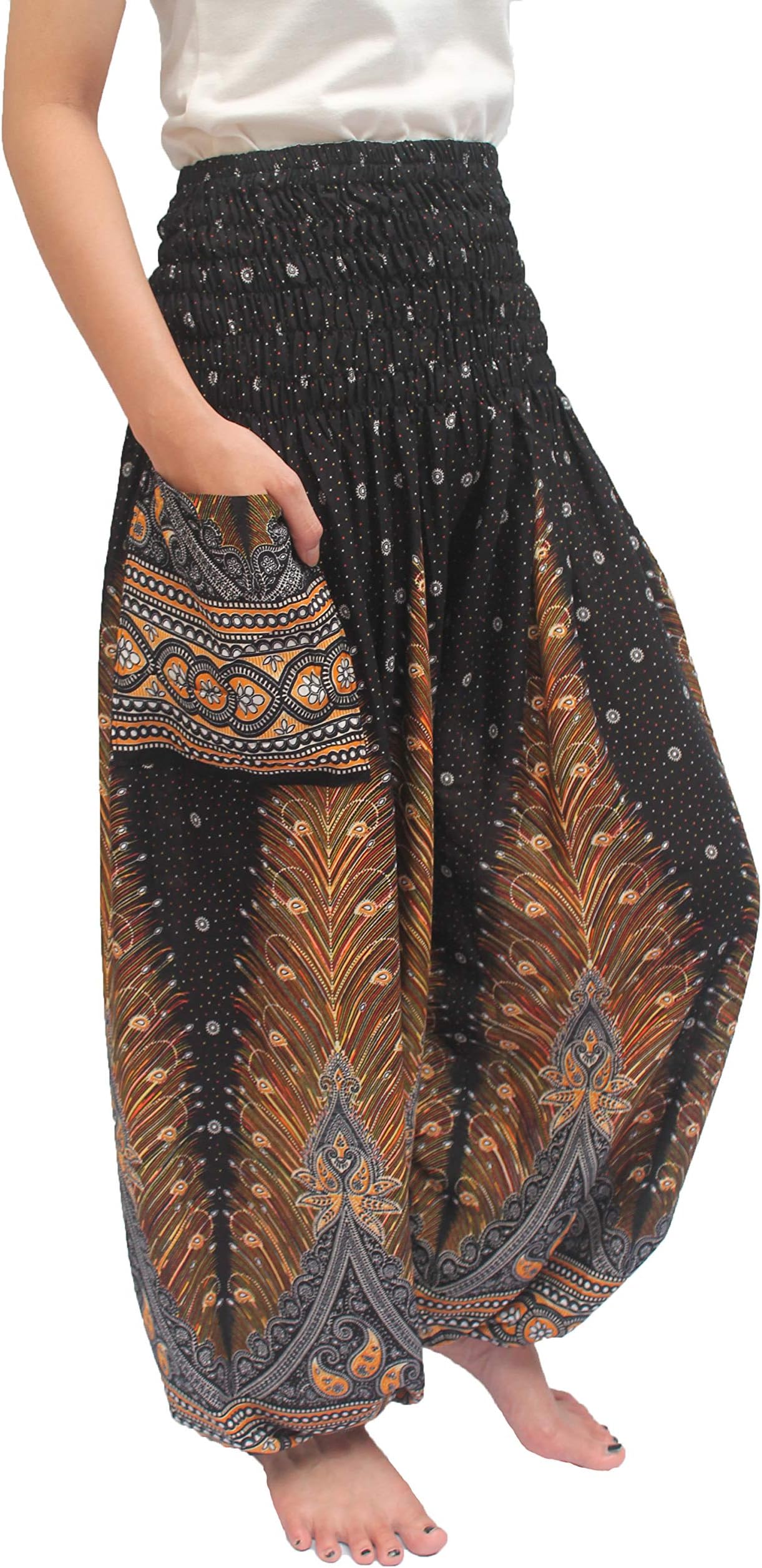 ChiangmaiThaiShop Harem Pant Yoga Bohos for Men & Women Elastic Waist Smocks Rayon