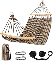 SUNCREAT Double Hammock with Curved Bamboo Spreader Bar - 450lbs Capacity, Portable Camping Hammock with Straps & Bag for Patio, Backyard, Brown
