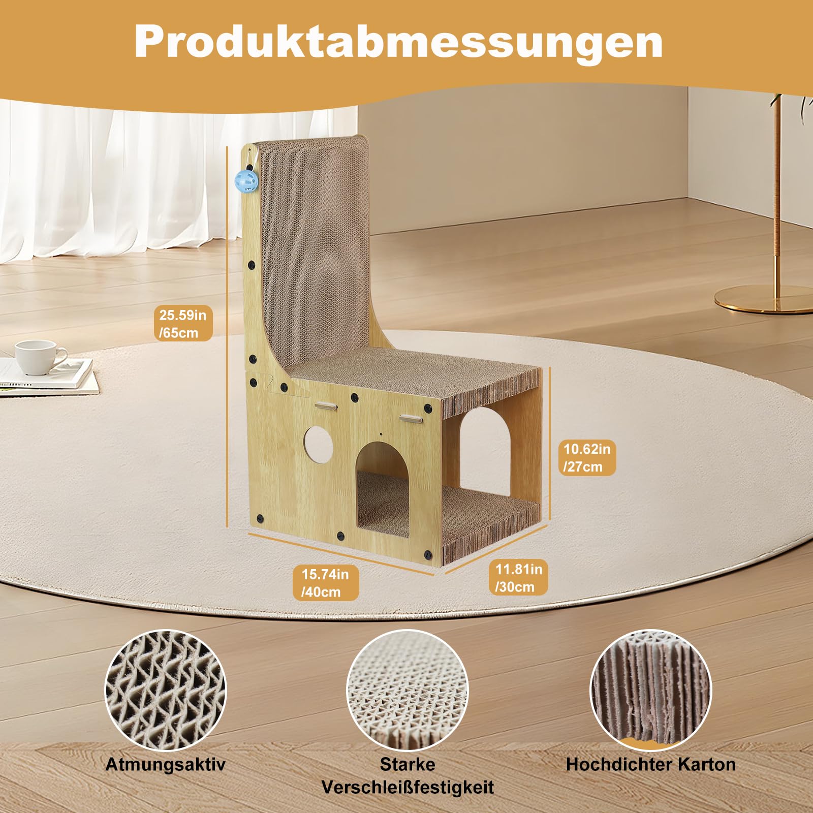 Kratzbrett Katzen Kratzpappe mit Katzenhaus Pappe - 65 cm hohe L förmige Kratzpad Lounge Wellpappe Katzenbaum Haus mit 4 Ballspielzeug Katzenkratzbrett Katzenhöhle für Indoor Katzen als Möbelschutz