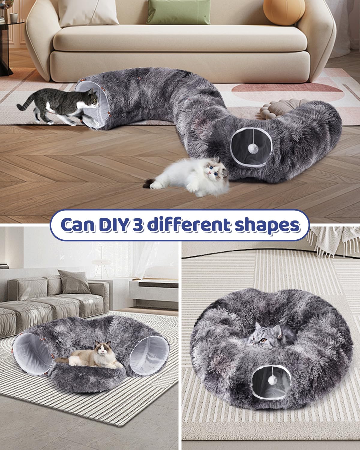 Tunnel per gatti con 20 giocattoli interattivi, 3 in 1 fai da te, pieghevole, in peluche, con tappetino lavabile, grande tunnel da gioco per interni per gattini e piccoli animali