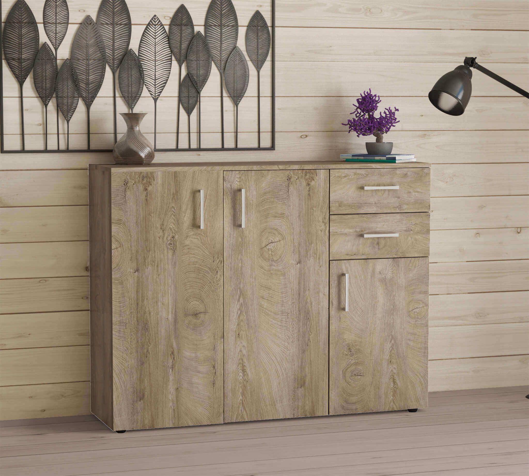 milani home - madia credenza moderna 2 cassetti e 3 ante, rovere chiaro, 106 x 36 x 83 cm