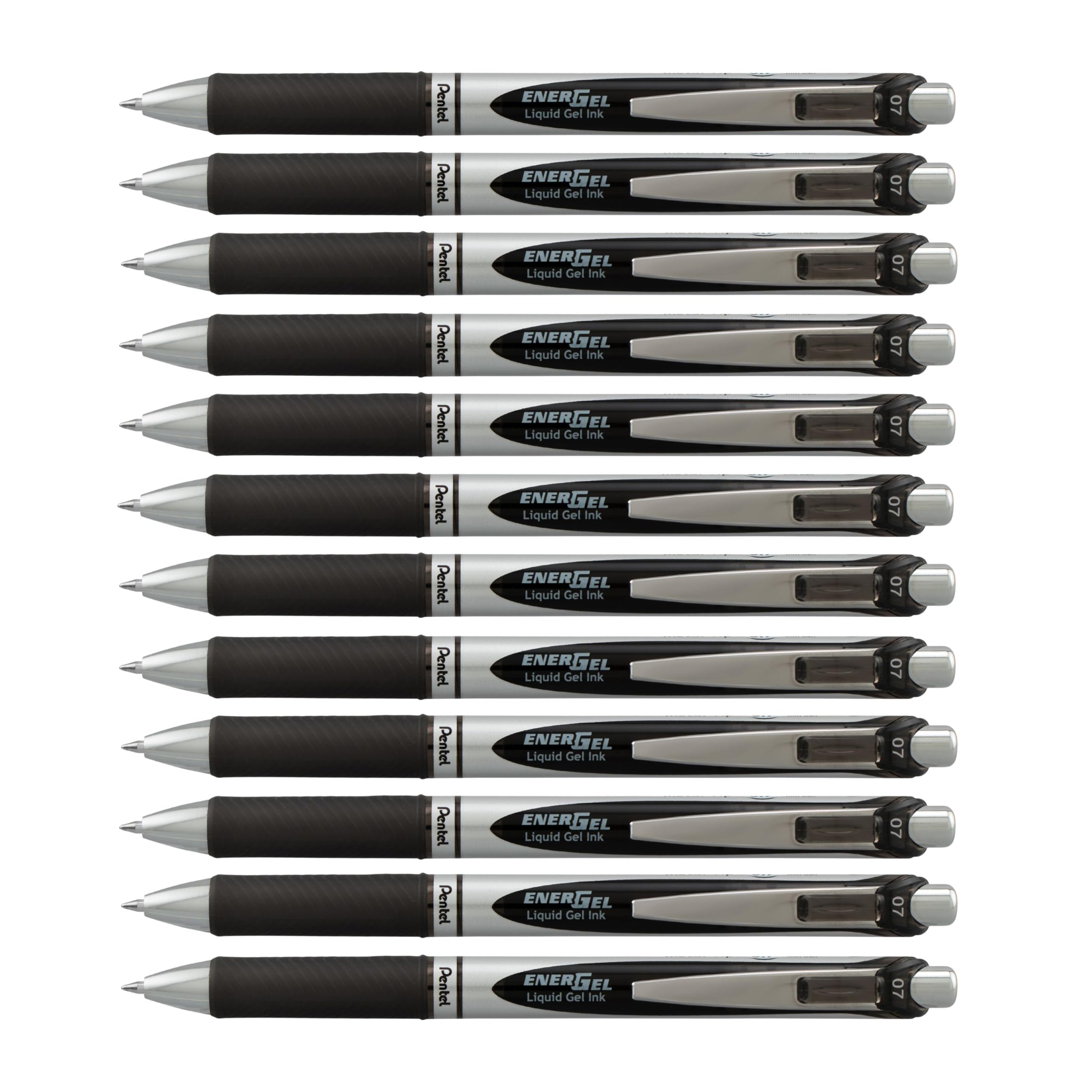 Pentel EnerGel Retractable Liquid Gel Pens, Medium Point, 0.7 mm, Silver Barrel, 12 Black Ink pens, the Ultimate writing pens, the Best Writing Pens for office, school and journaling, Pack of 12