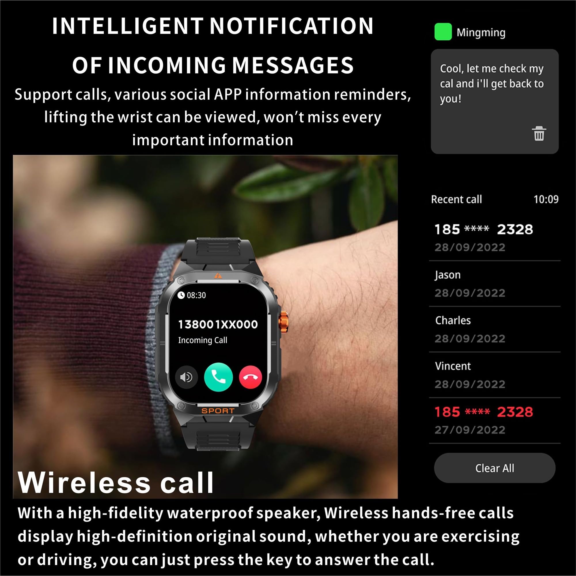 Smartwatch męski z funkcją telefonu, bateria 350 mAh, 2,01" AMOLED zegarek sportowy z Bluetooth, połączenia, zegarek fitness z monitorem snu, krokomierzem, wodoszczelność 5ATM, Smart Watch do systemu