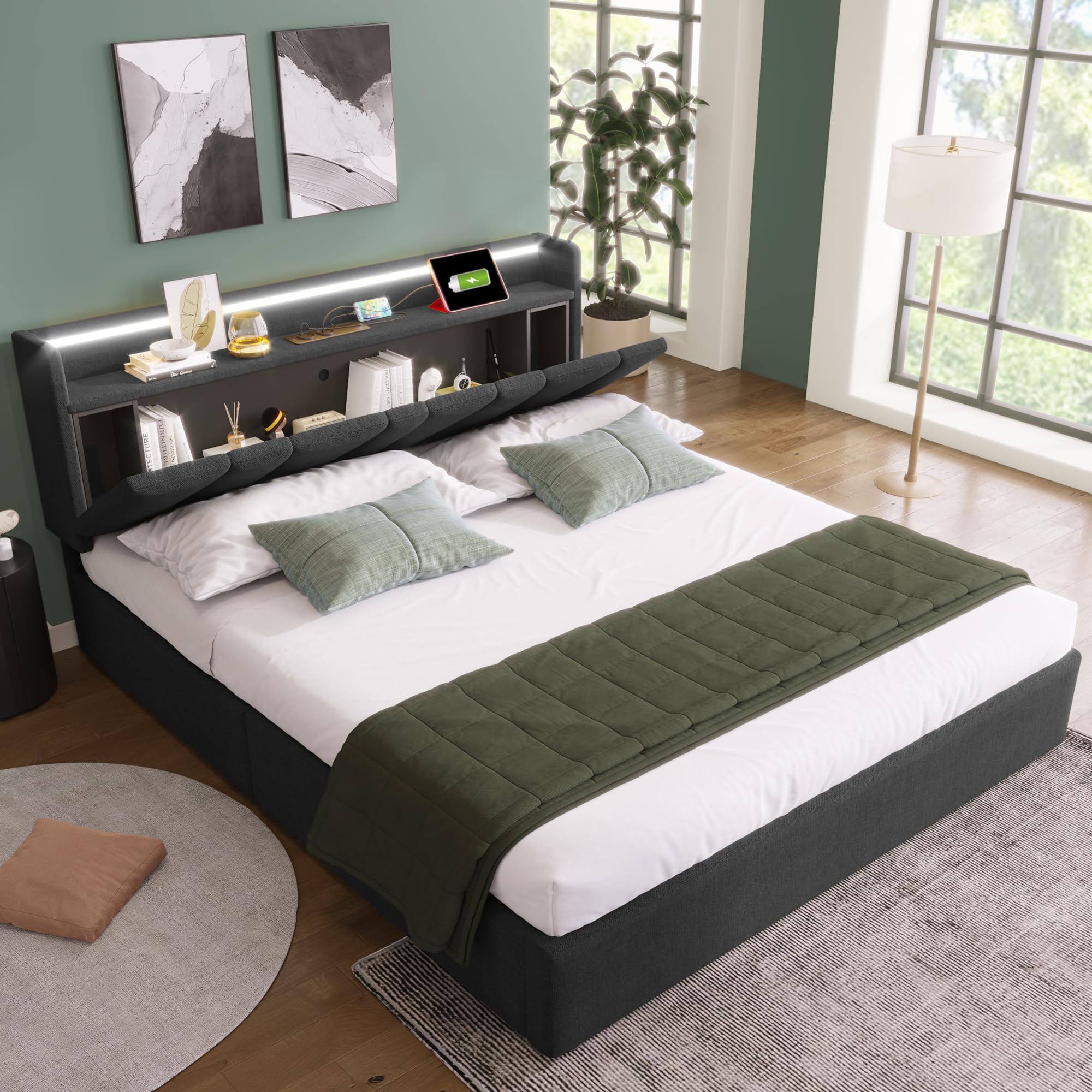 Rtopsu Letto Imbottito Letto Matrimoniale 160x200 cm con LED e USB Contenitore Testata, Letto con Contenitore, Telaio del Letto con Rete a Doghe in Legno, Lino, Grigio, Senza Materasso