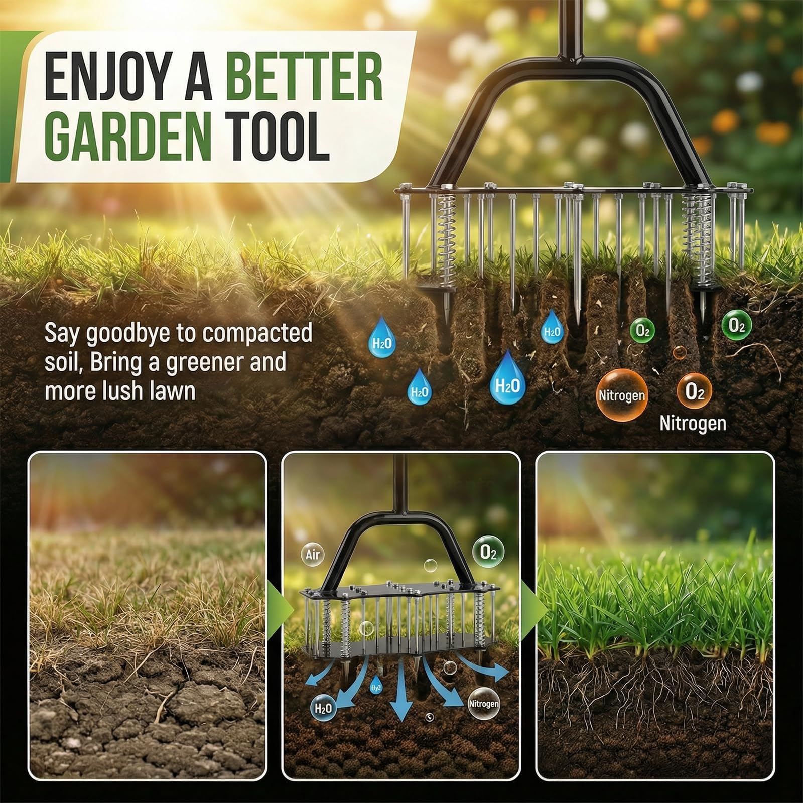 Aireador de césped, herramienta de césped manual con picos sólidos, aireador de césped premontado con mango en T acolchado y guantes, para patios, césped y jardín